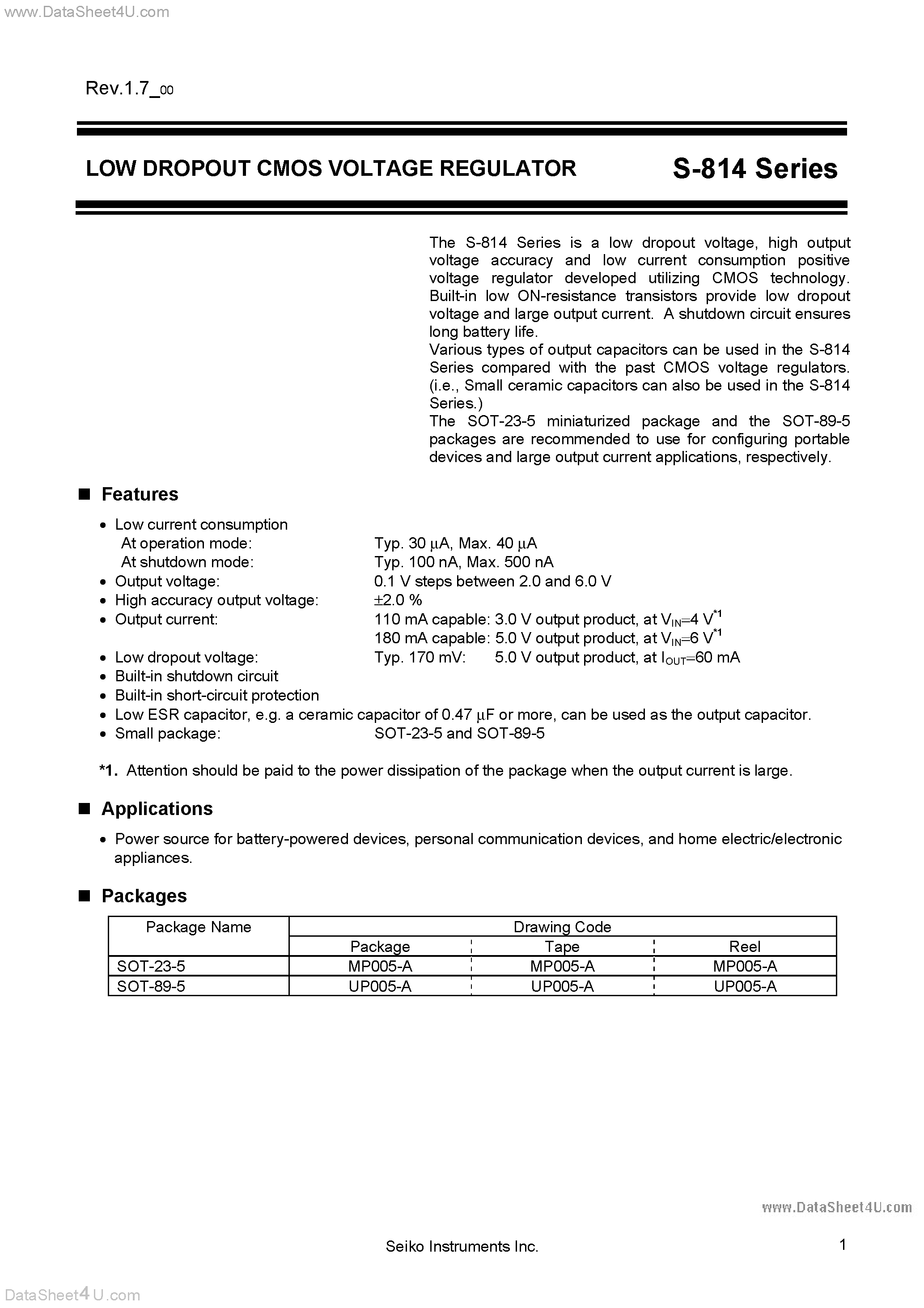 Datasheet S-814 - (S-814 Series) Low Dropout CMOS Voltage Regulator page 1