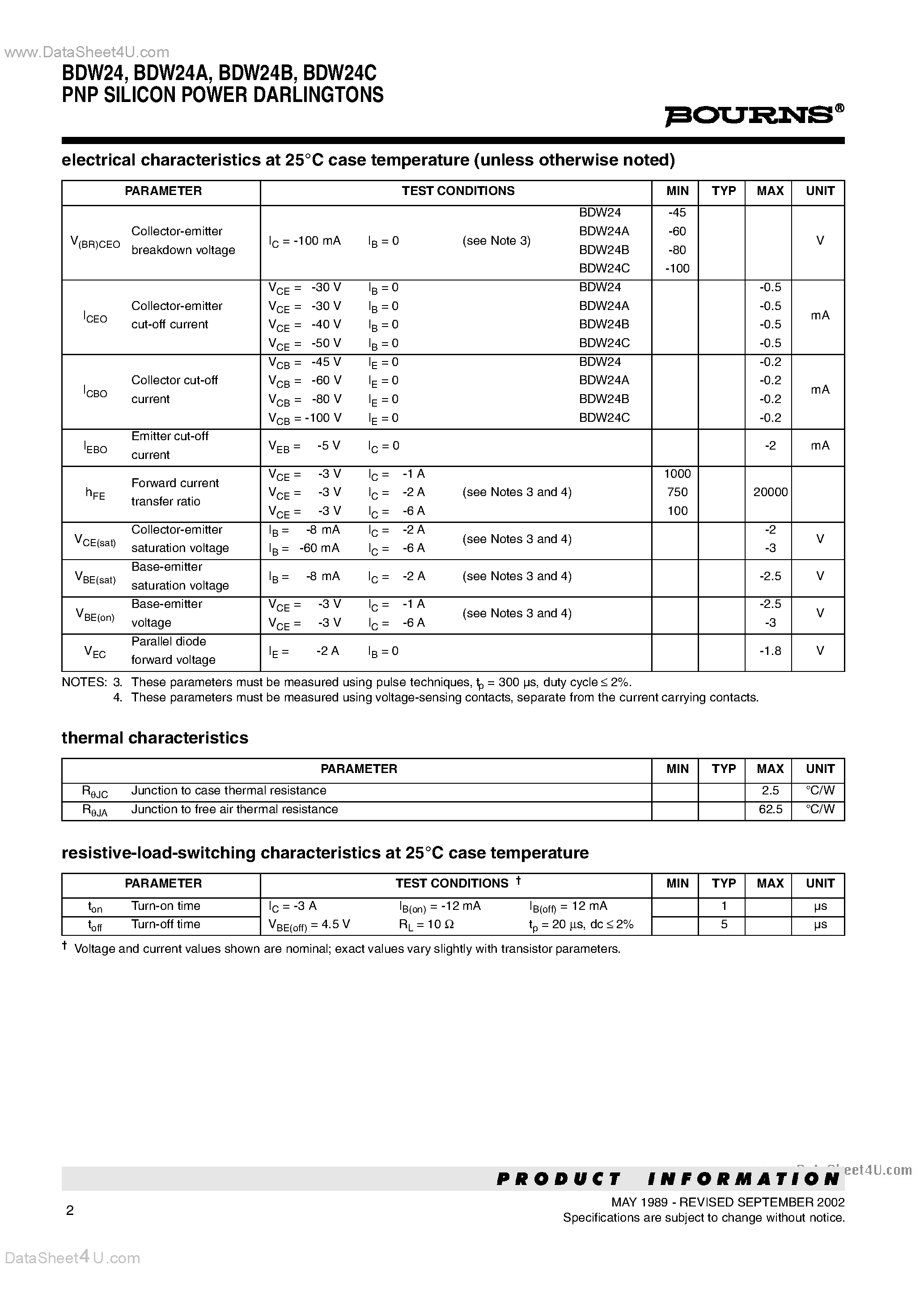 Datasheet BDW24 - PNP SILICON POWER DARLINGTONS page 2