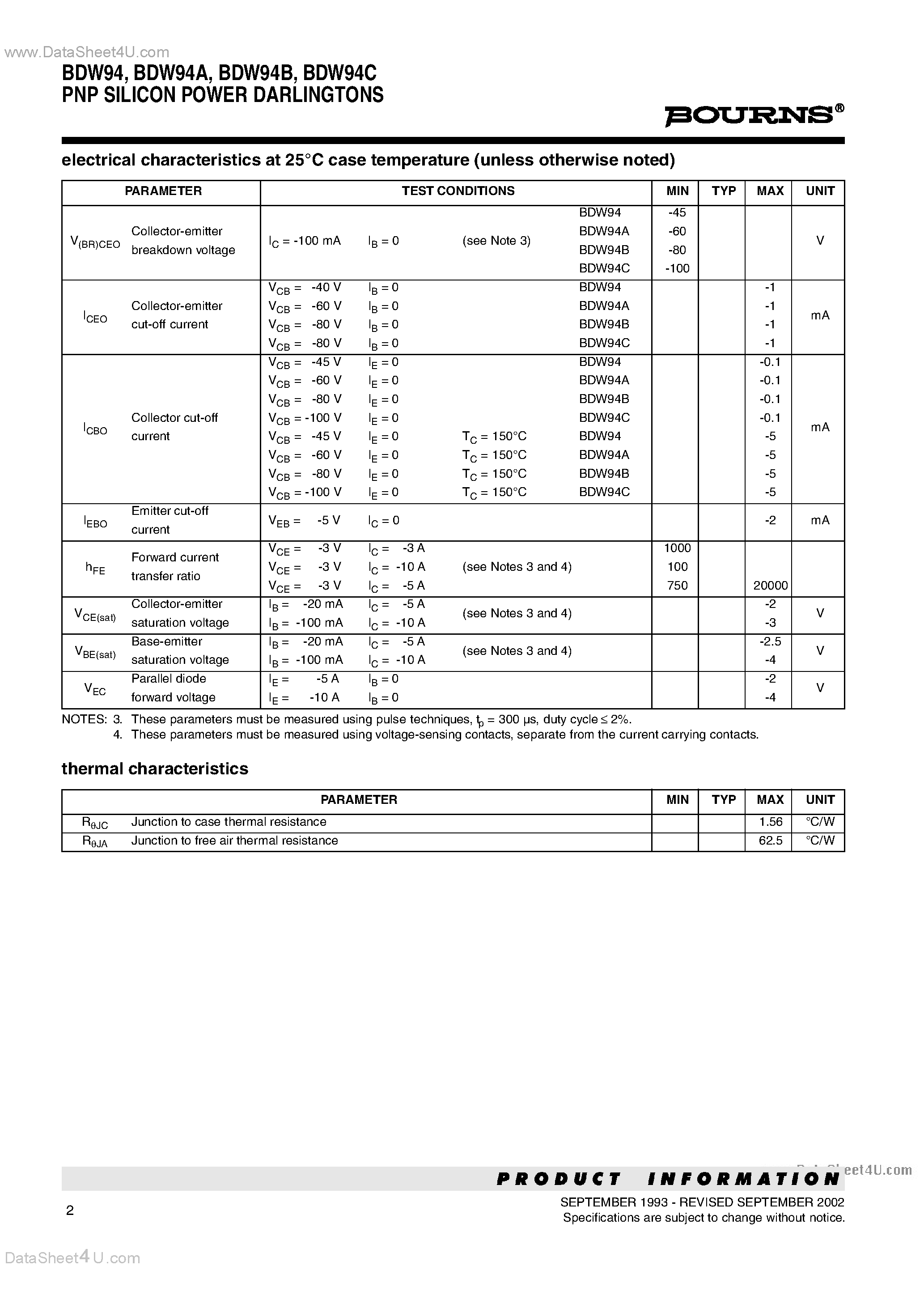 Datasheet BDW94 - PNP SILICON POWER DARLINGTONS page 2