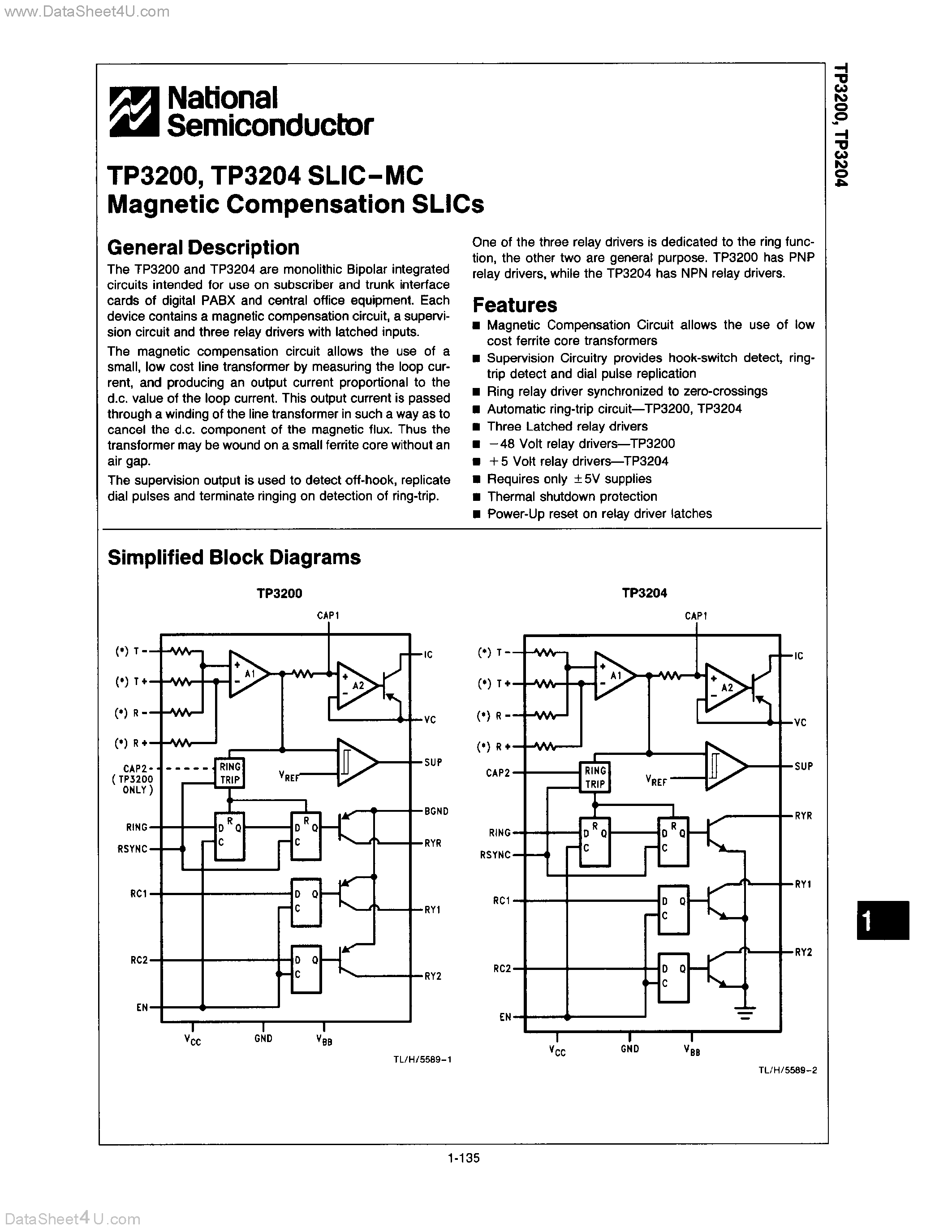 Datasheet TP3200 - (TP3200 / TP3204) SLIC-MC MAGNETIC COMPENSATION SLICS page 1