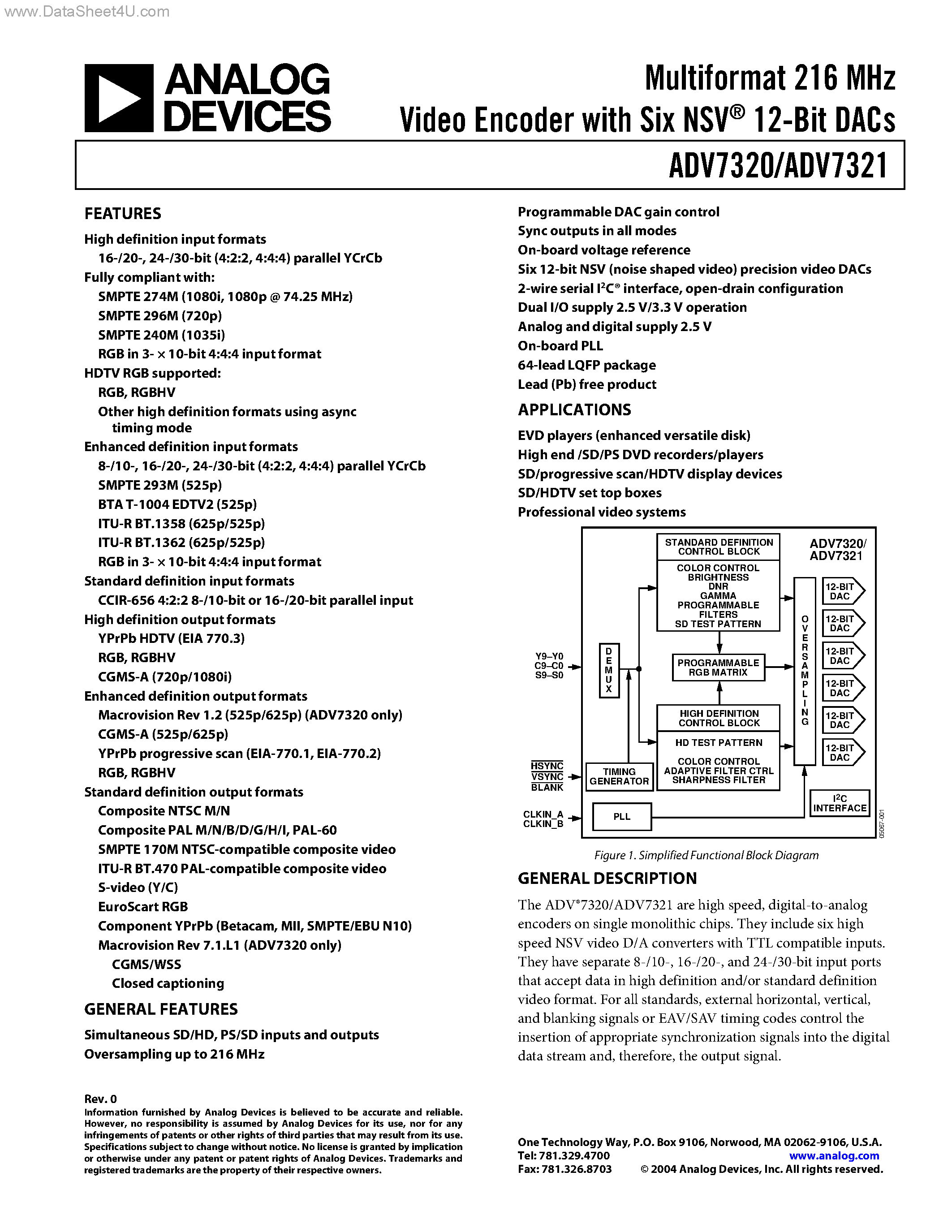Datasheet ADV7320 - (ADV7320 / ADV7321) Multiformat 216 MHz Video Encoder page 1