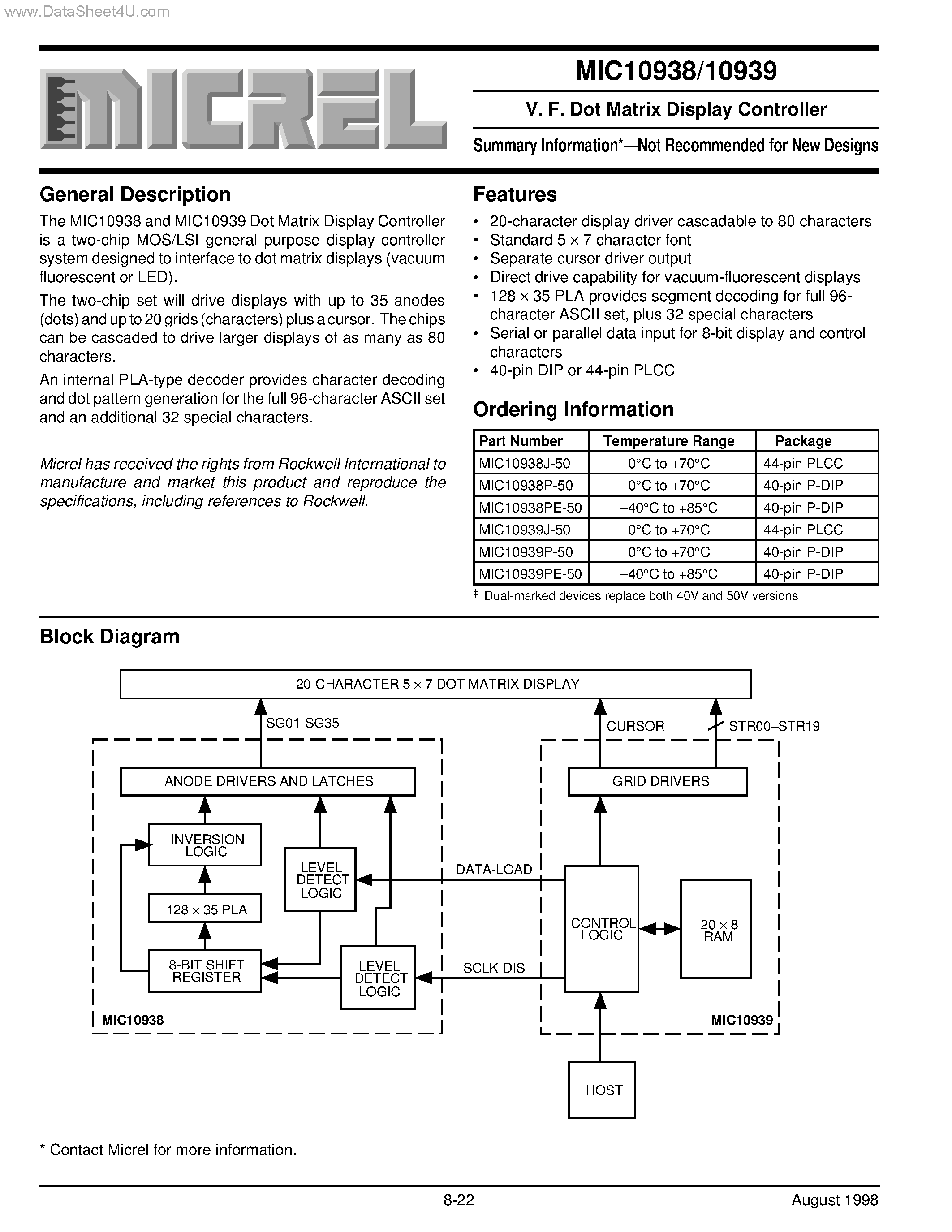 Datasheet MIC10938 - (MIC10938 / MIC10939) V. F. Dot Matrix Display Controller page 1