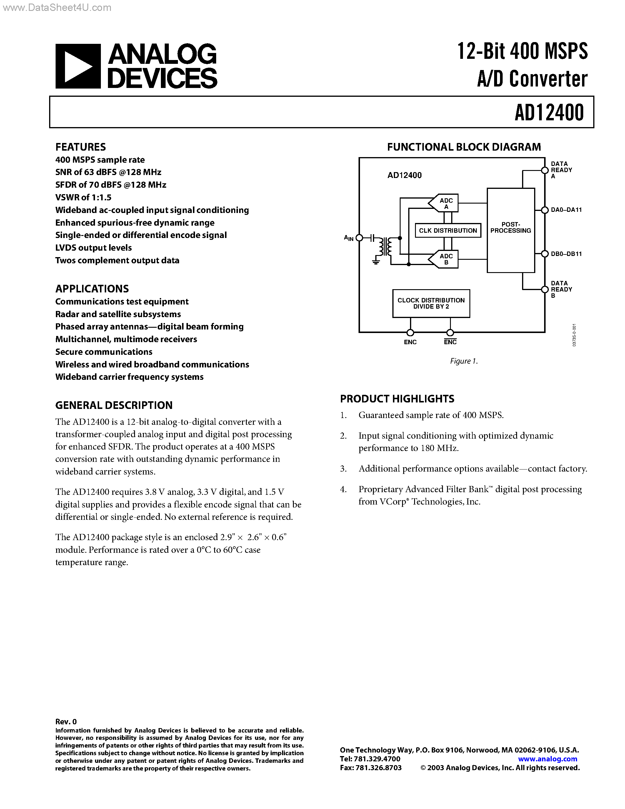 Datasheet AD12400 - 12-Bit 400 MSPS A/D Converter page 1