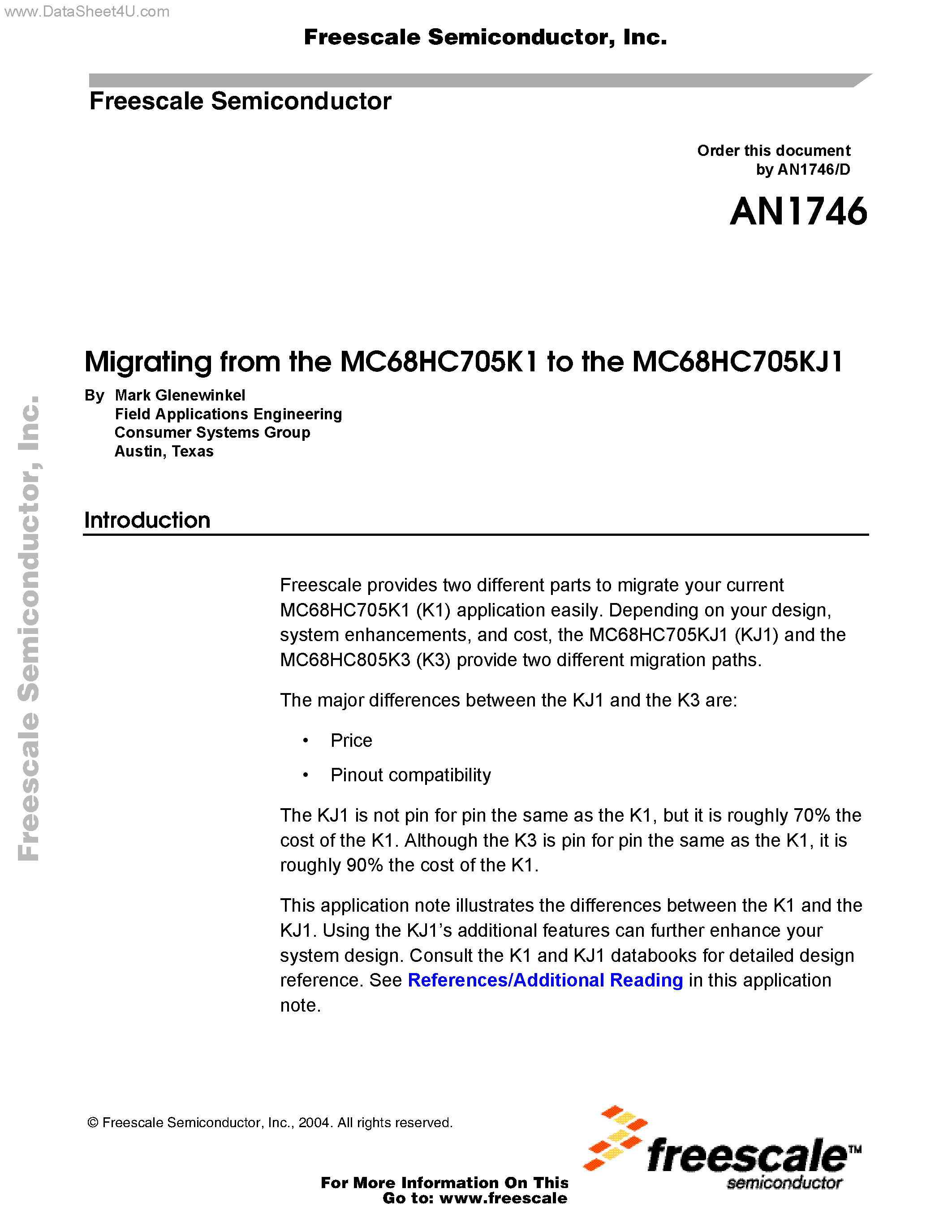 Datasheet AN1746 - Migrating from the MC68HC705K1 to the MC68HC705KJ1 page 1