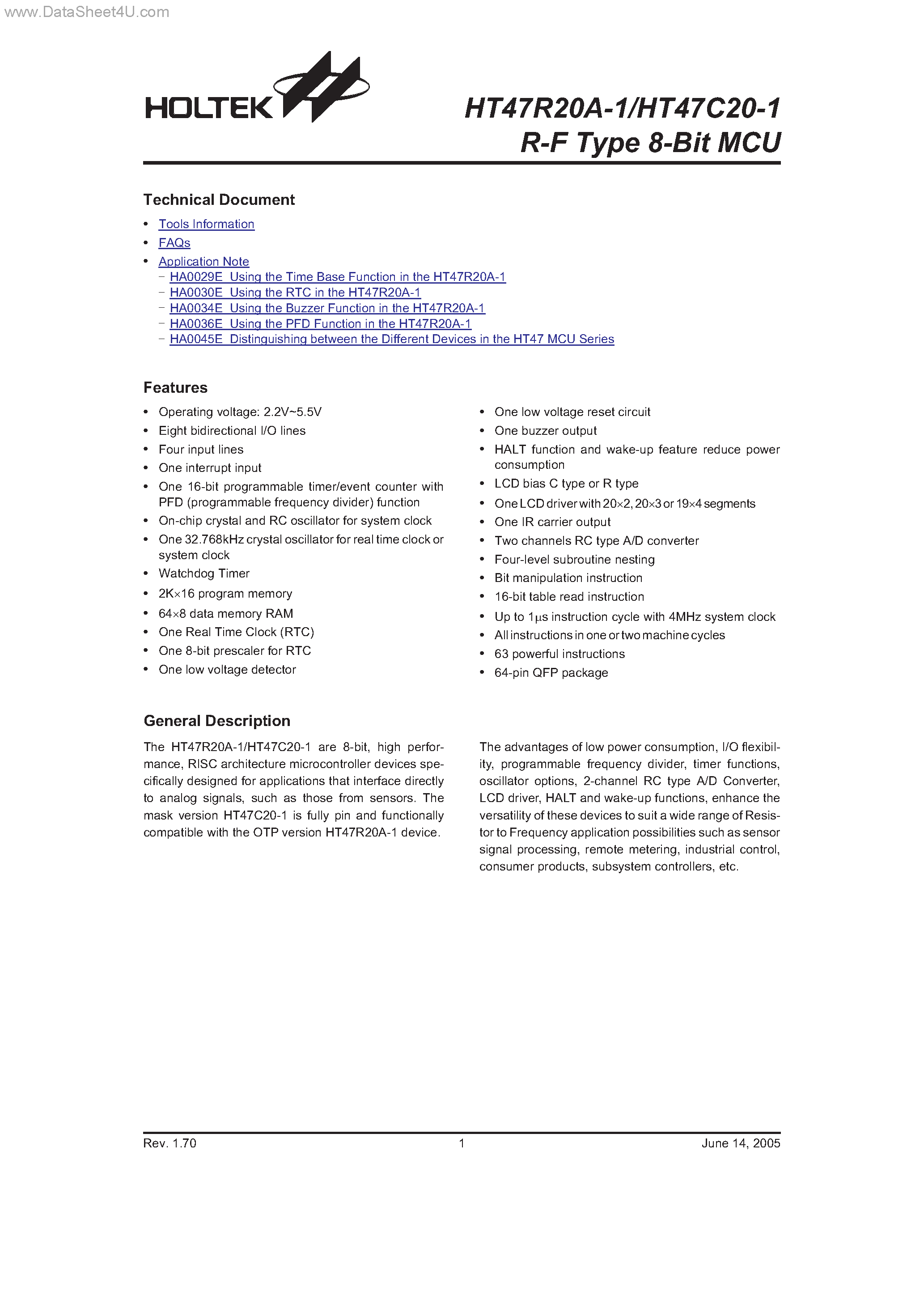 Datasheet HT47C20-1 - R-F Type 8-Bit MCU page 1