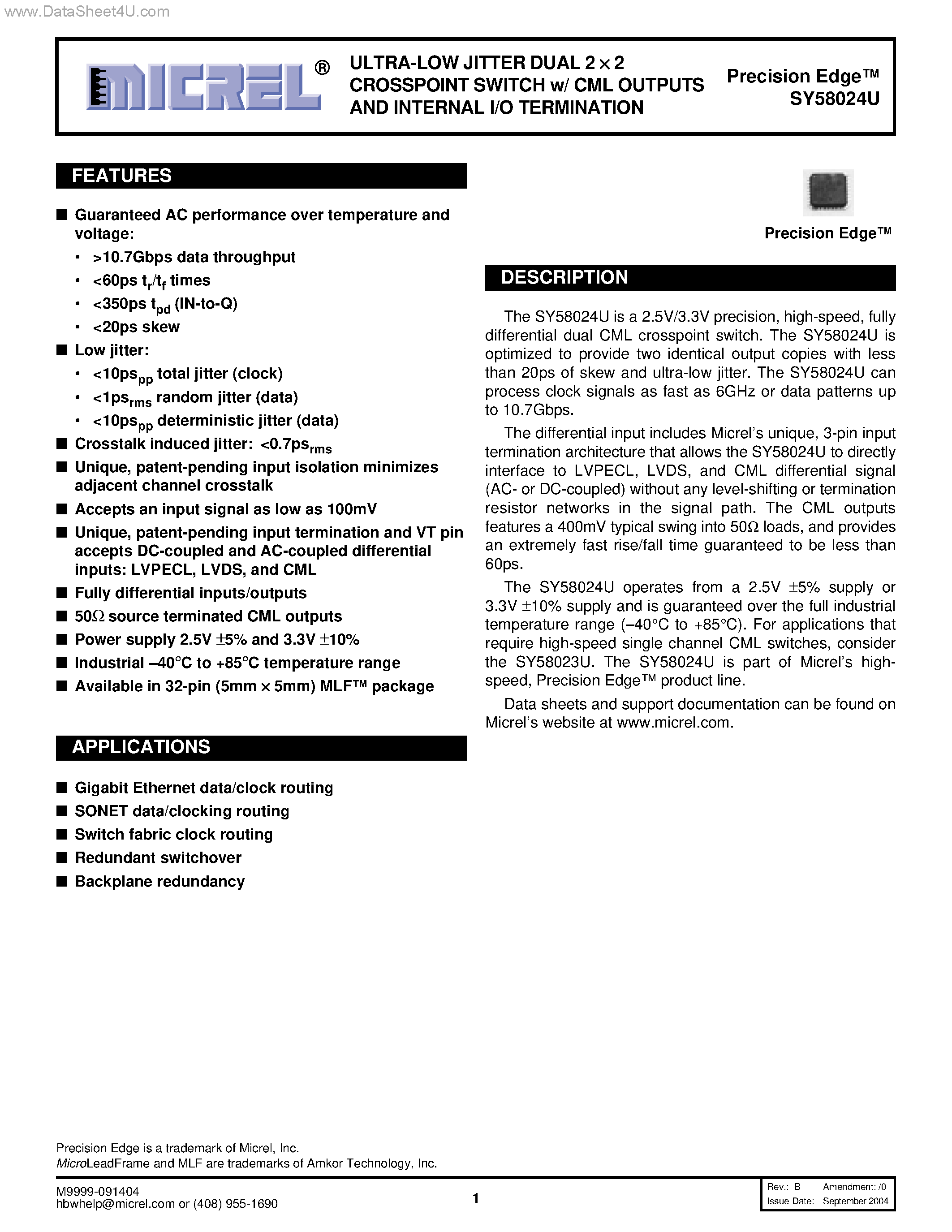 Datasheet SY58024U - CROSSPOINT SWITCH CML OUTPUTS AND INTERNAL I/O TERMINATION page 1