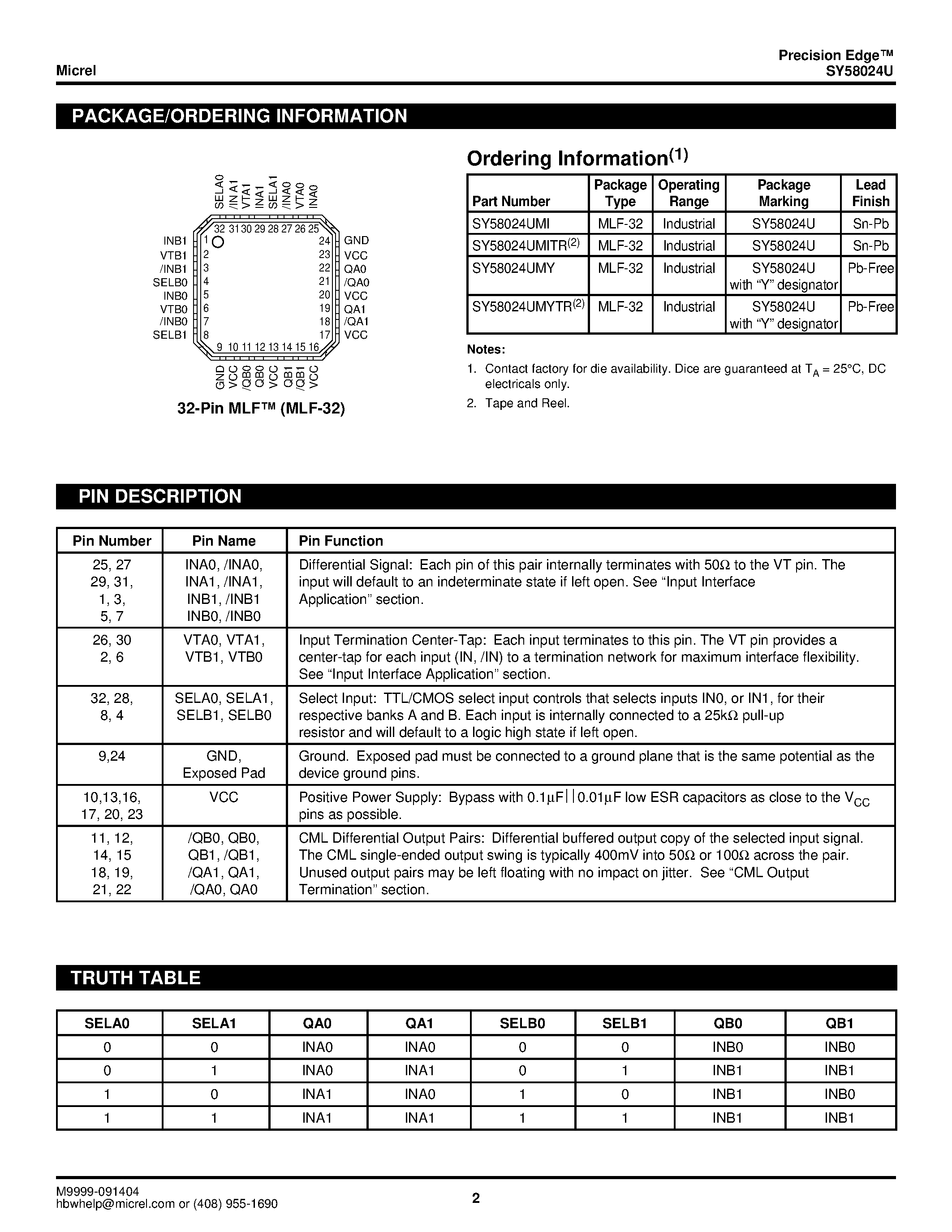 Datasheet SY58024U - CROSSPOINT SWITCH CML OUTPUTS AND INTERNAL I/O TERMINATION page 2