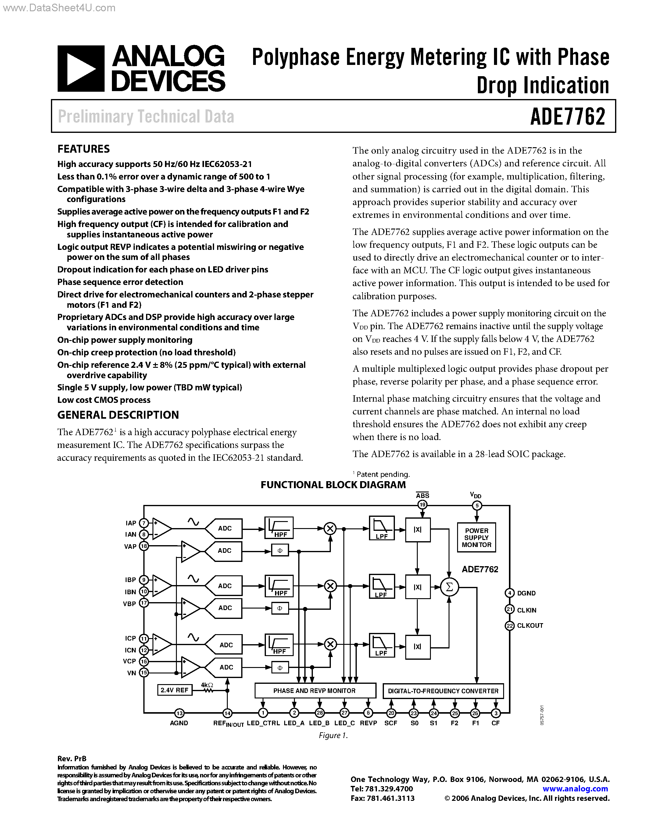 Datasheet ADE7762 - Polyphase Energy Metering IC page 1