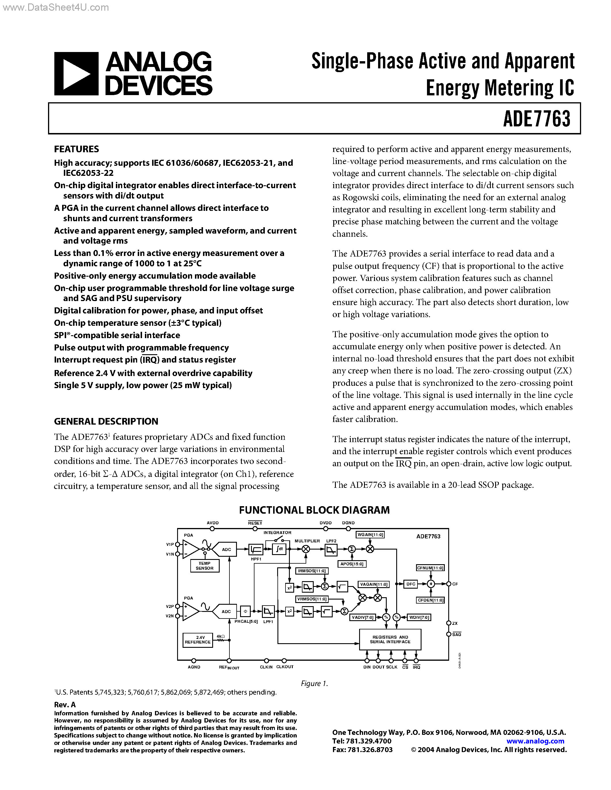 Datasheet ADE7763 - Single-Phase Active and Apparent Energy Metering IC page 1