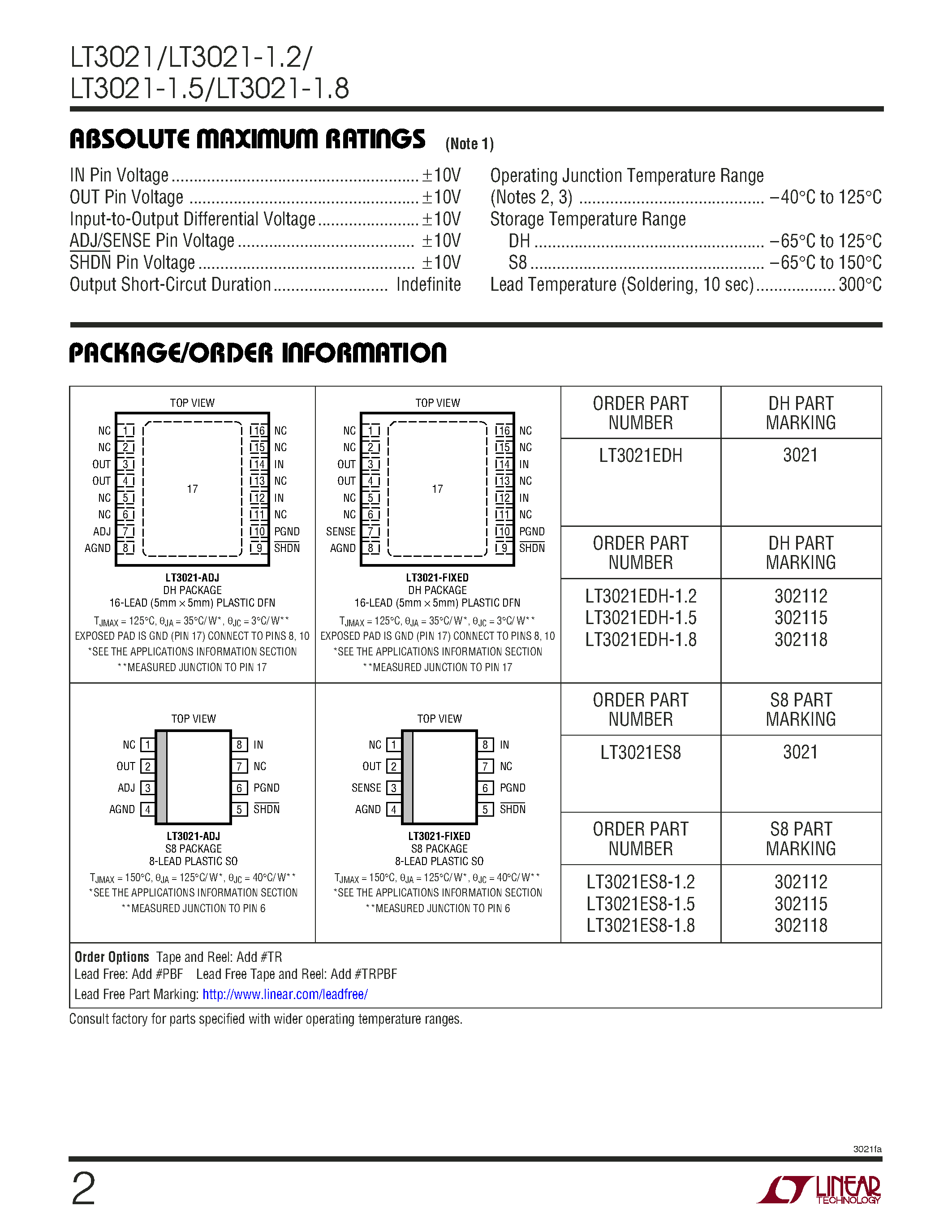 Datasheet LT3021 - Very Low Dropout Linear Regulator page 2