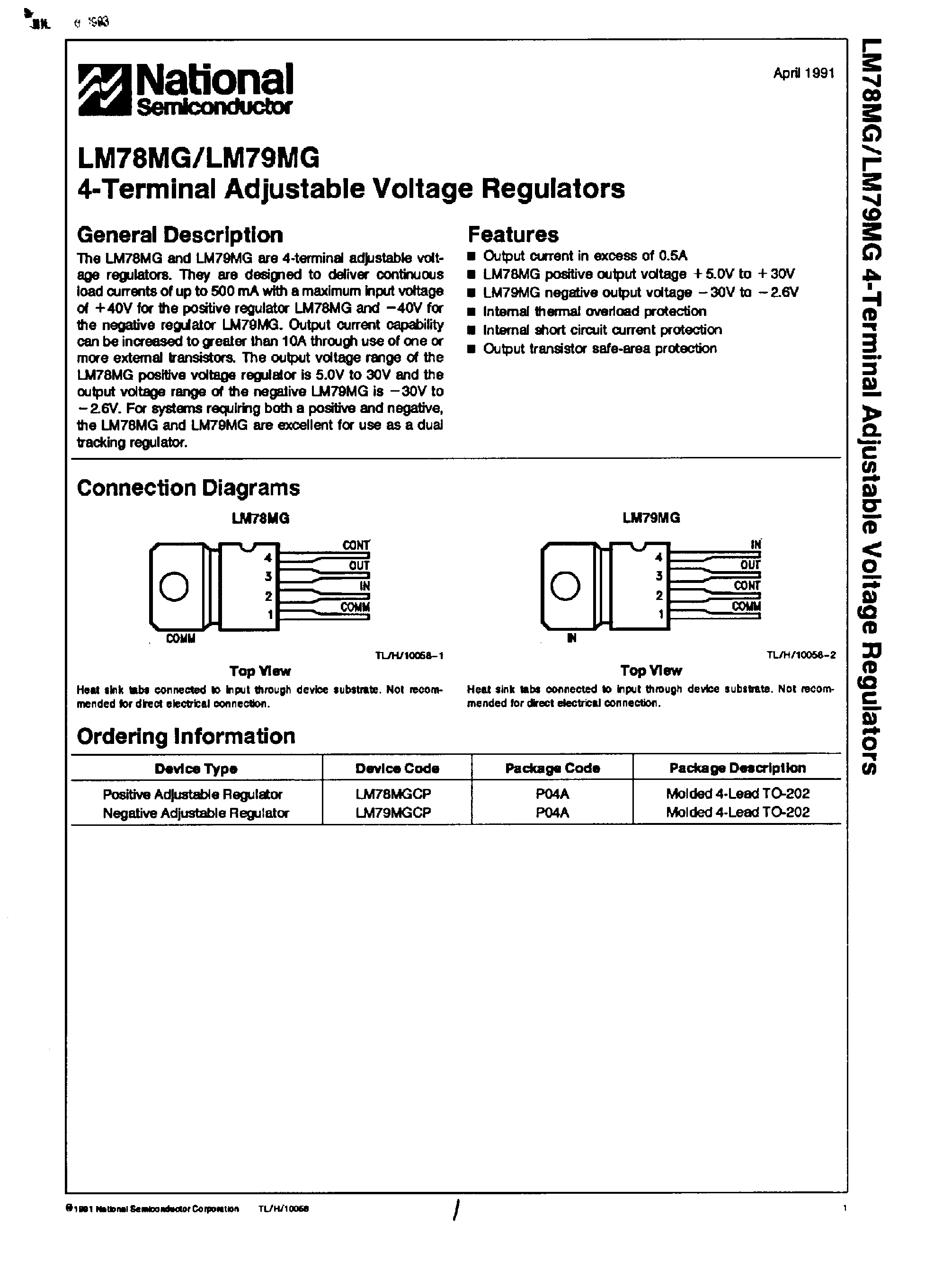 Datasheet LM78MG - (LM78MG / LM79MG) 4-TERMINAL ADJUSTABLE VOLTAGE REGULATORS page 1