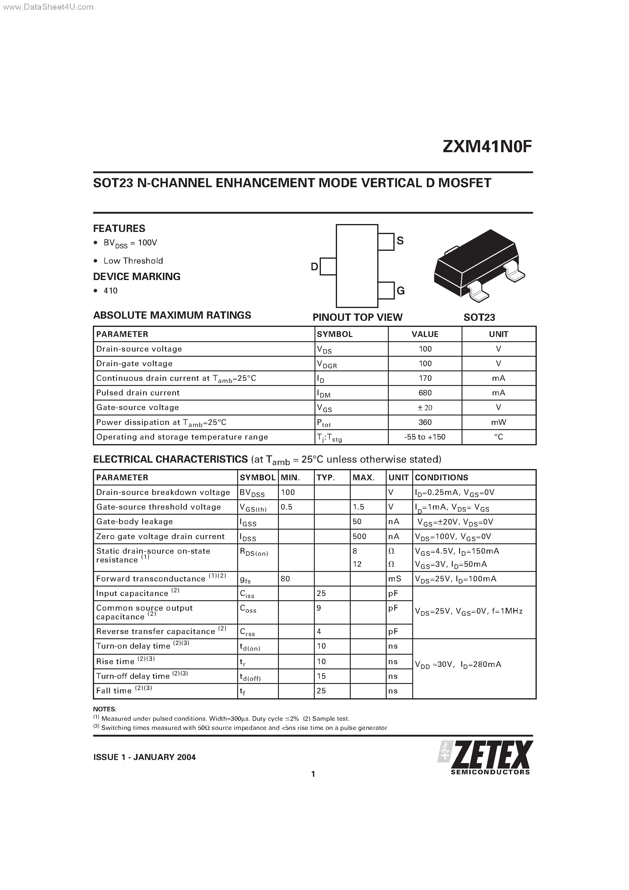 Datasheet ZXM41N0F - SOT23 N-CHANNEL ENHANCEMENT MODE VERTICAL D MOSFET page 1