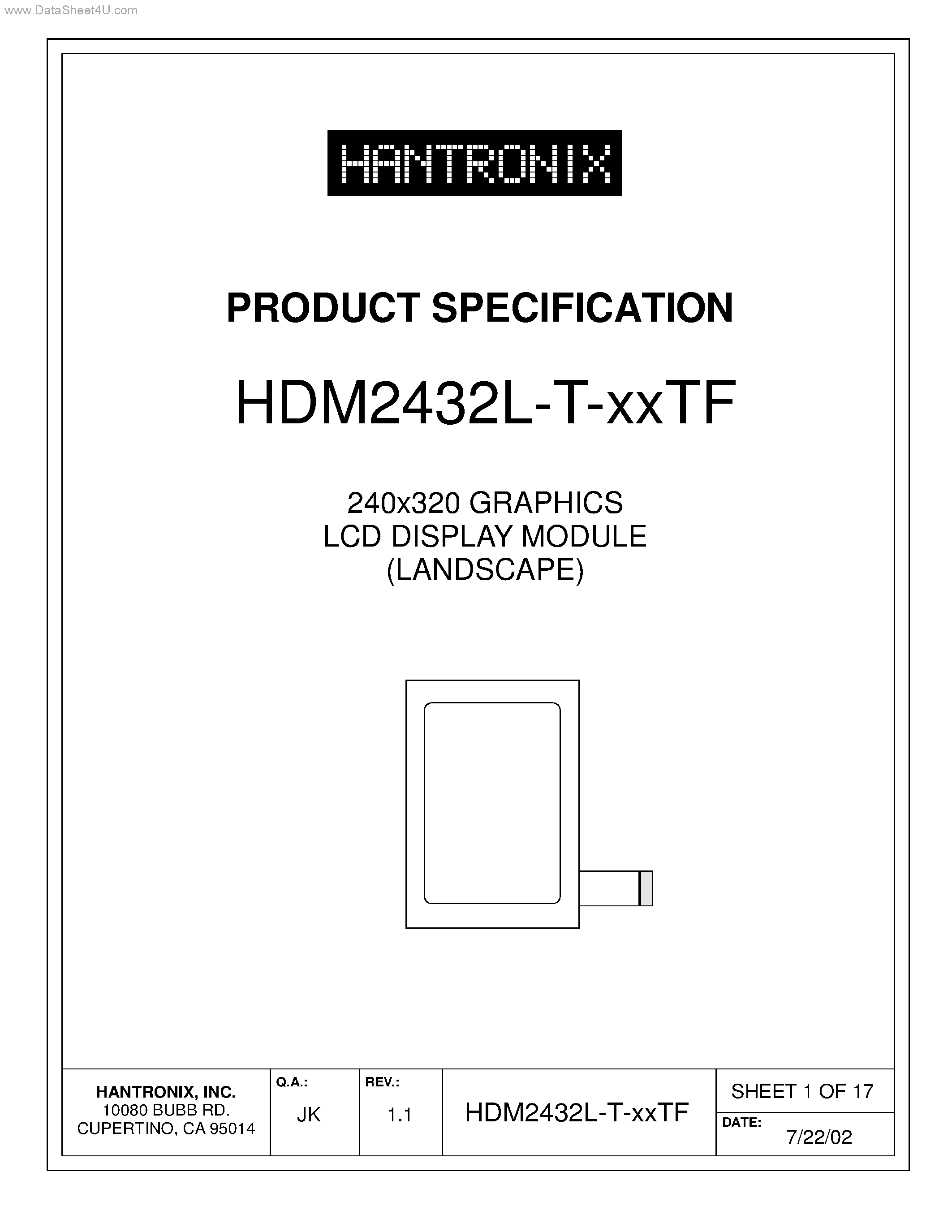 Даташит HDM2432L-T-XXTF - 240x320 GRAPHICS LCD DISPLAY MODULE страница 1