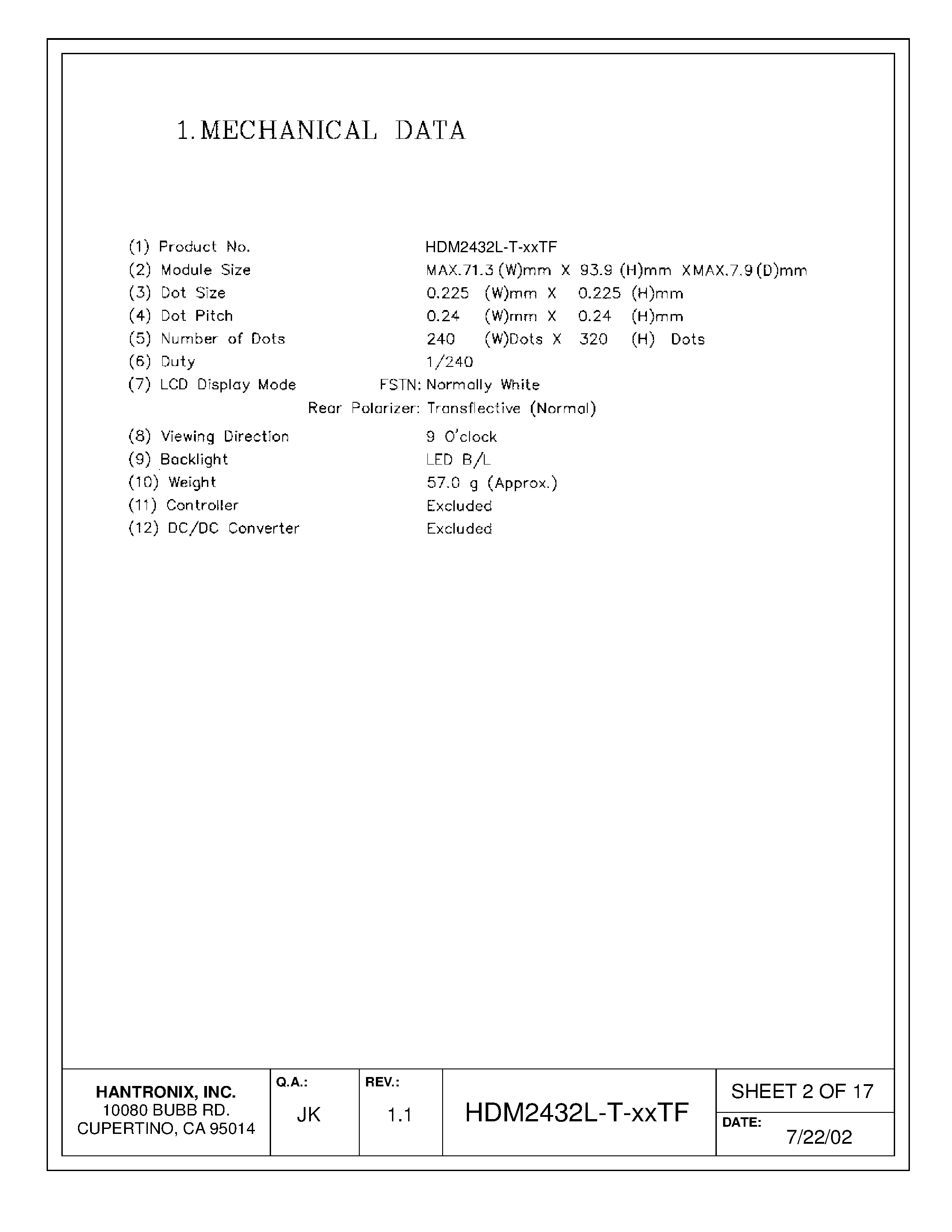 Даташит HDM2432L-T-XXTF - 240x320 GRAPHICS LCD DISPLAY MODULE страница 2