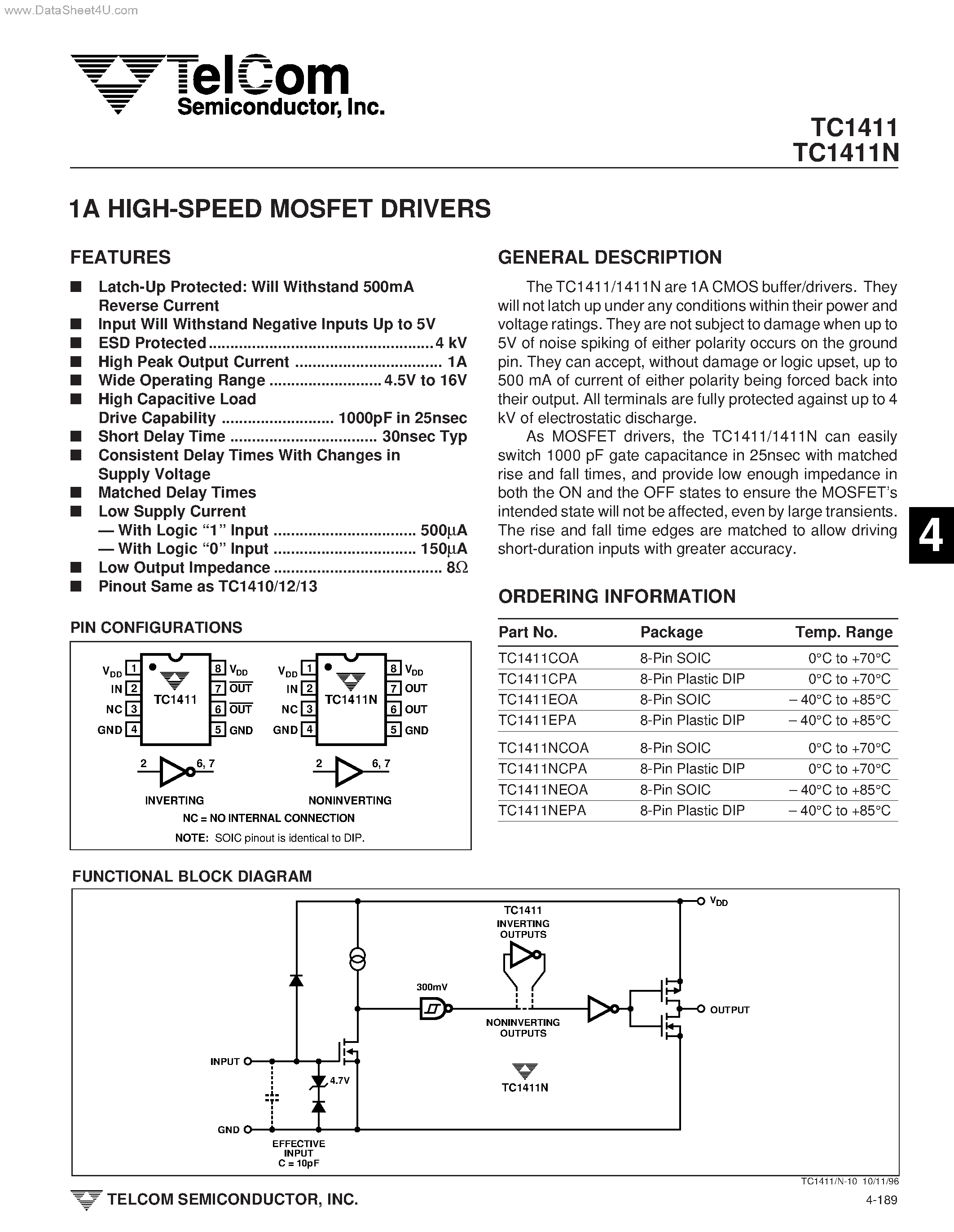 Даташит TC1411 - HIGH-SPEED MOSFET DRIVERS страница 1