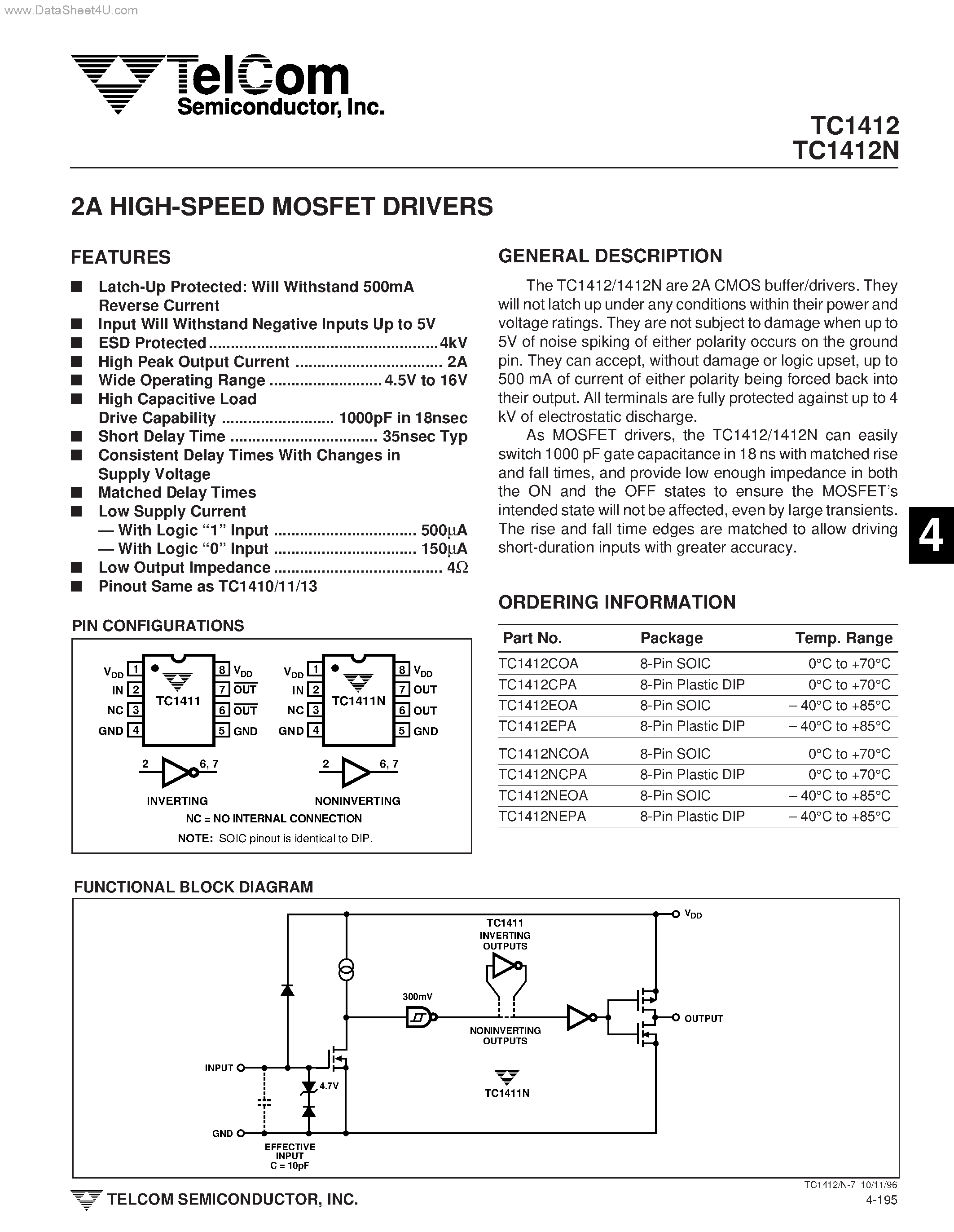 Даташит TC1412 - HIGH-SPEED MOSFET DRIVERS страница 1