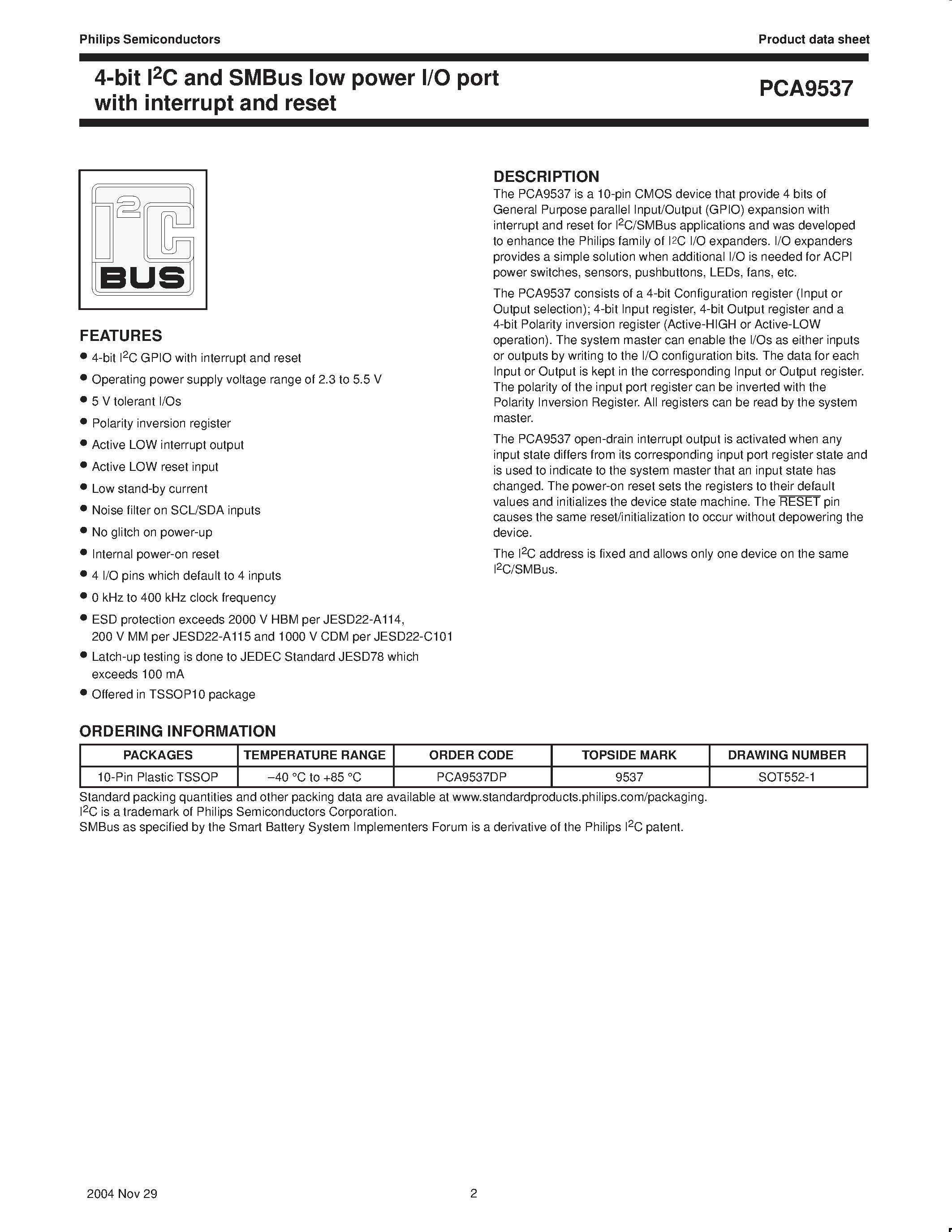 Datasheet PCA9537 - 4-bit I2C and SMBus low power I/O port page 2