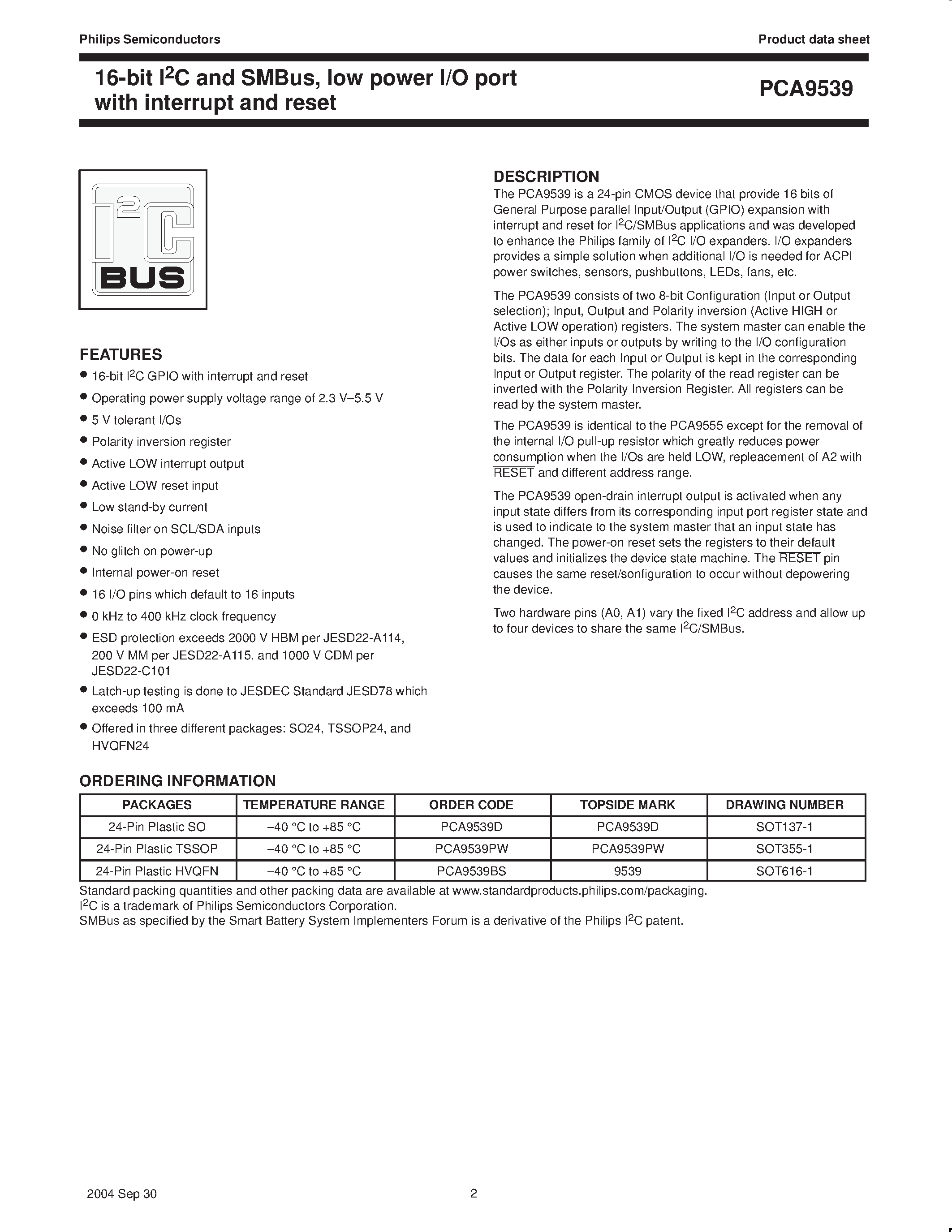 Datasheet PCA9539 - 16-bit I2C and SMBus low power I/O port page 2