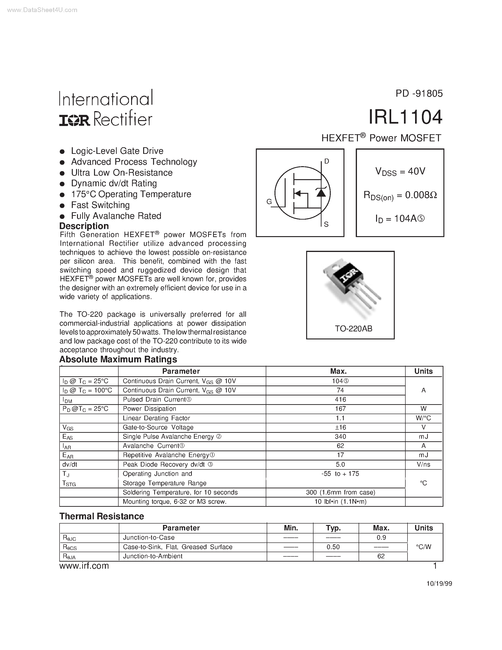 Datasheet IRL1104 - HEXFET Power MOSFET page 1