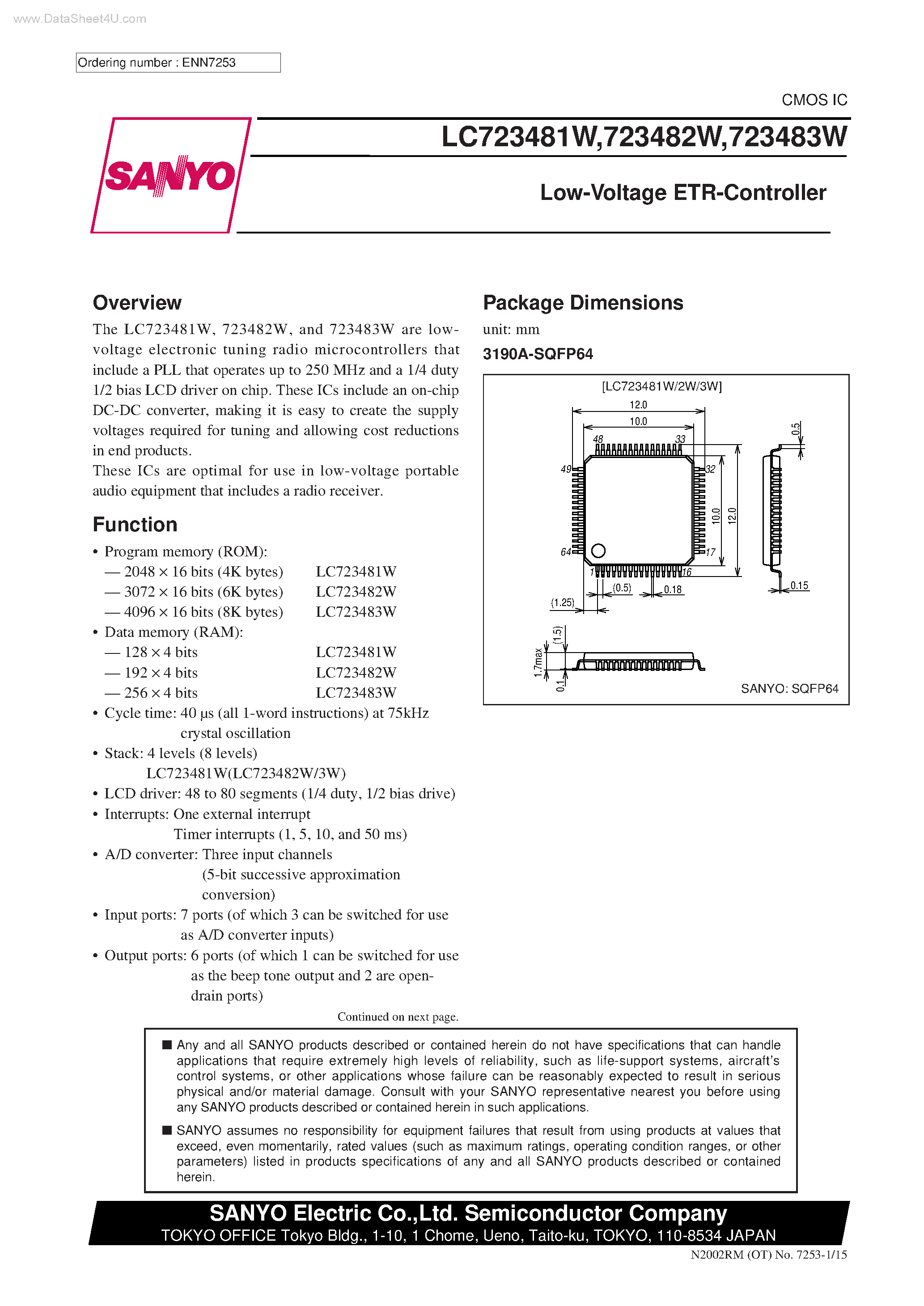 Datasheet LC723481W - (LC723481W - LC723483W) Low-Voltage ETR-Controller page 1