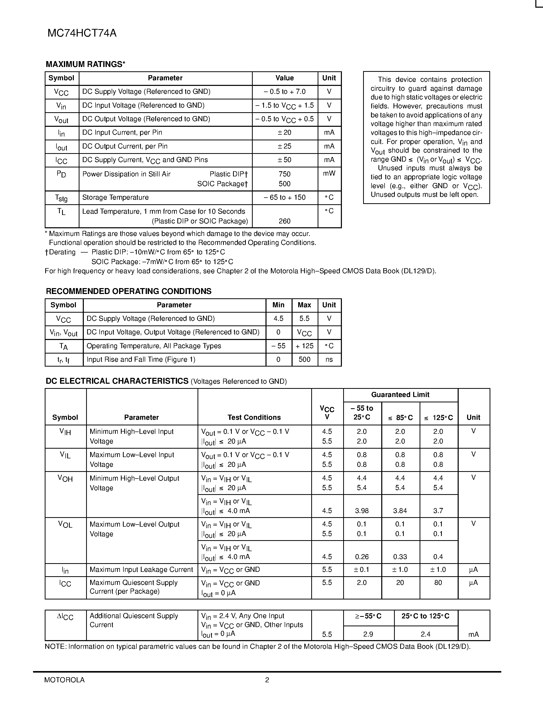 Datasheet MC54HCT74A - Dual D Flip-Flop page 2