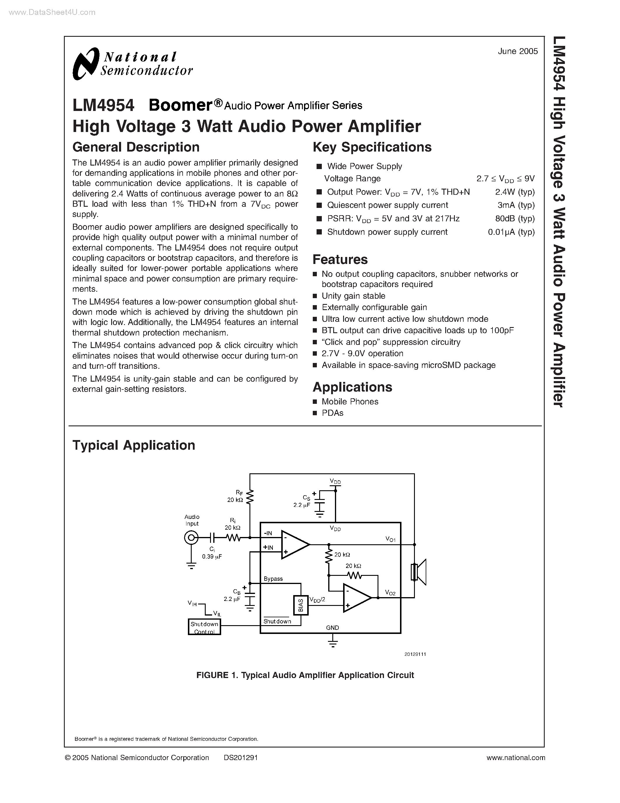 Даташит LM4954 - HIgh Voltage 3 Watt Audio Power Amplifier страница 1