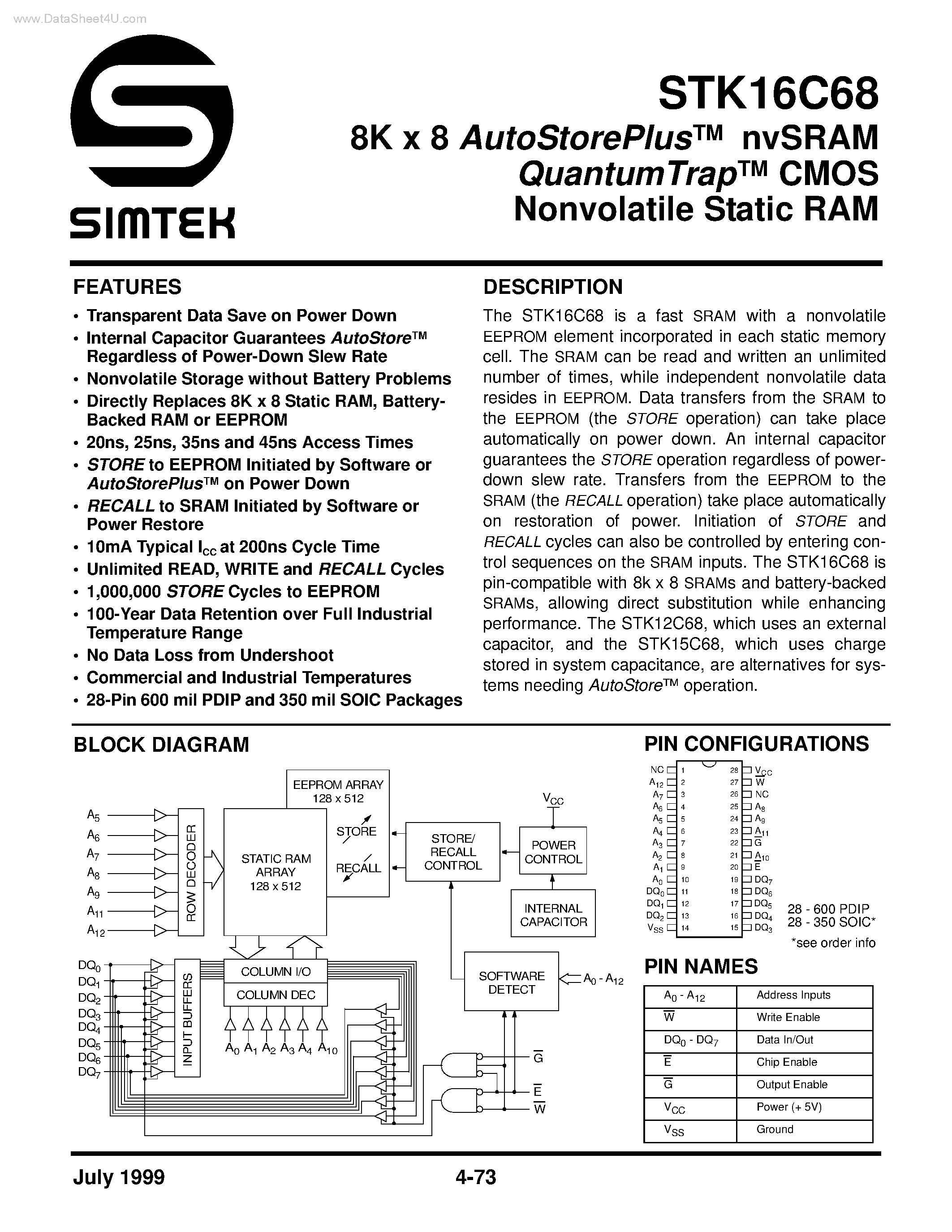 Даташит STK16C68 - CMOS Nonvolatile Static RAM страница 1