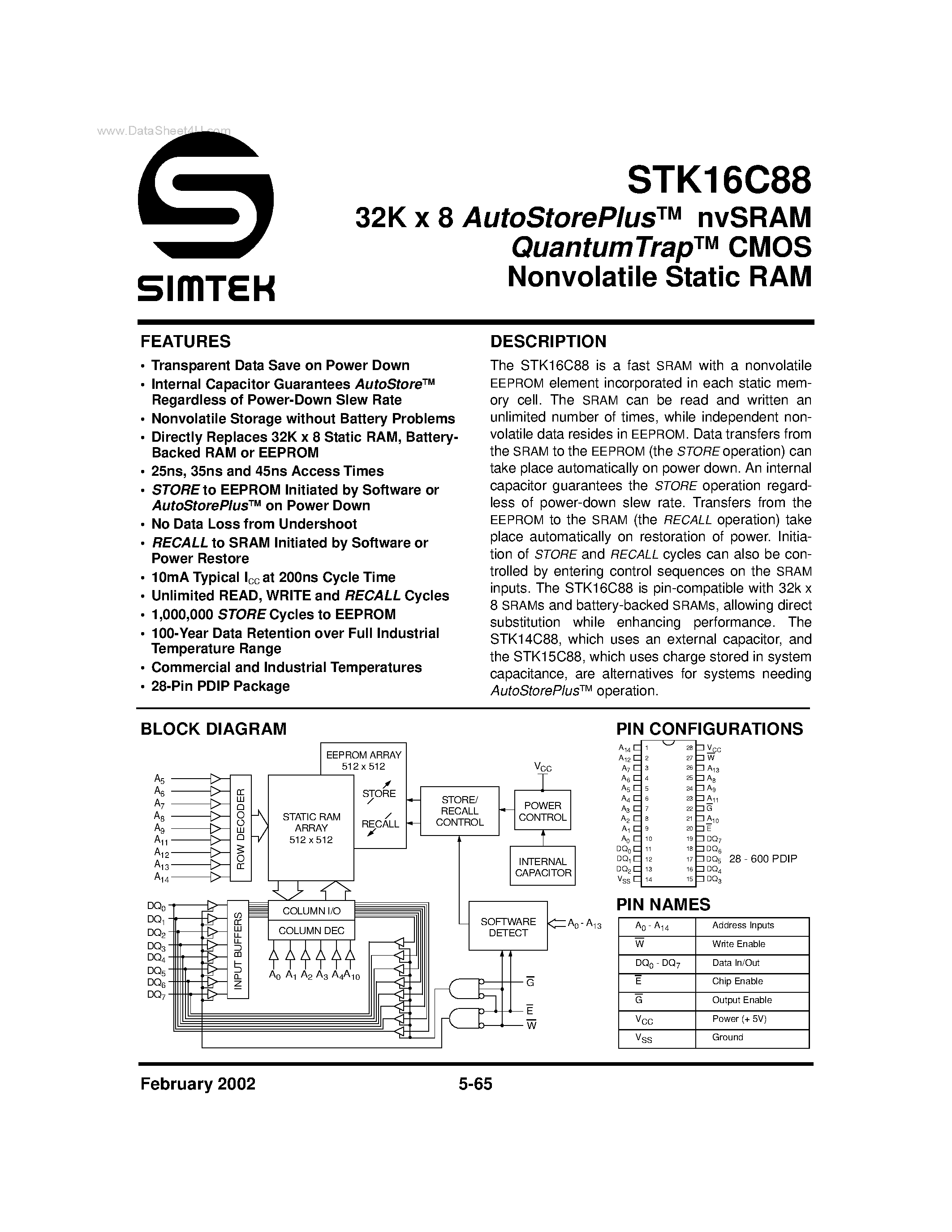 Даташит STK16C88 - CMOS Nonvolatile Static RAM страница 1