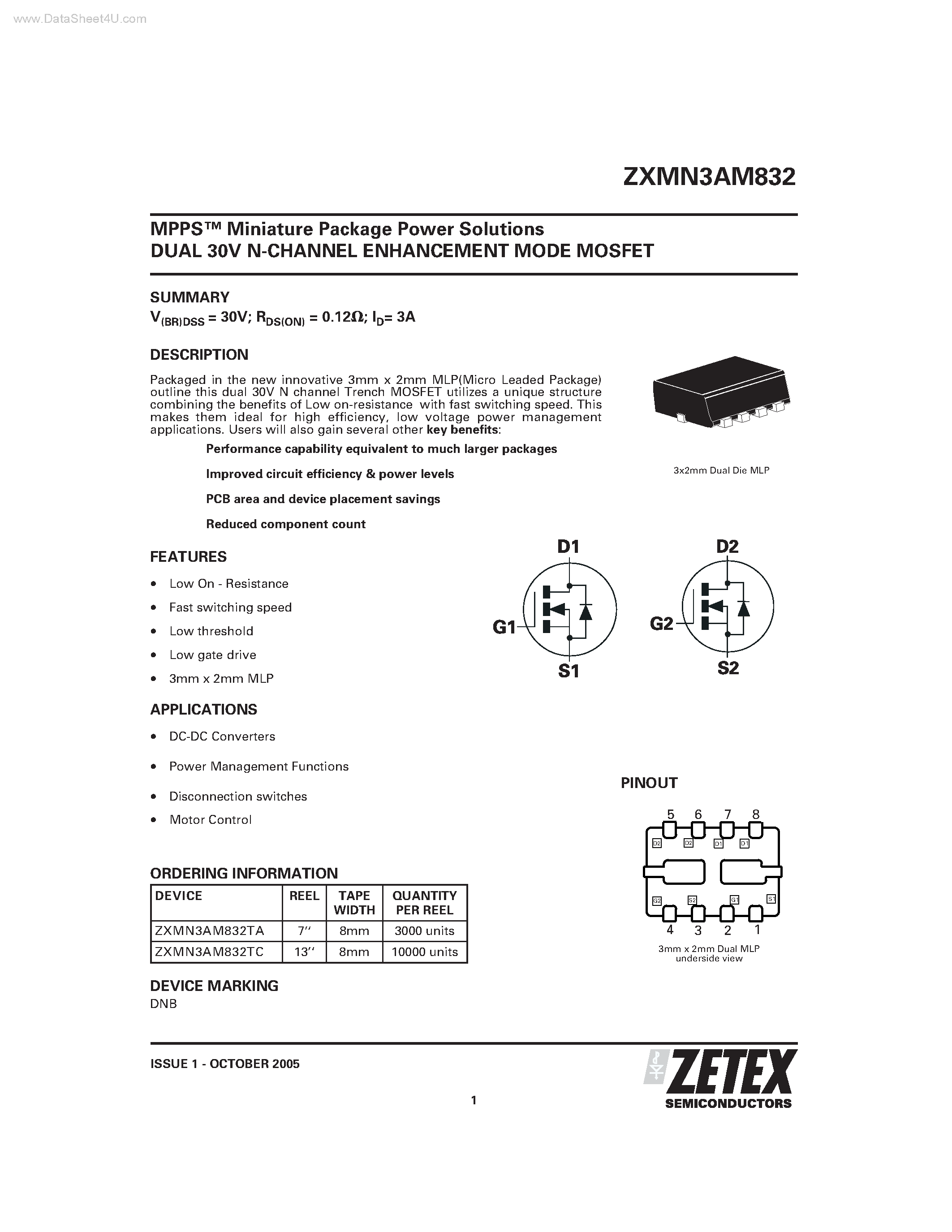 Datasheet ZXMN3AM832 - DUAL 30V N-CHANNEL ENHANCEMENT MODE MOSFET page 1