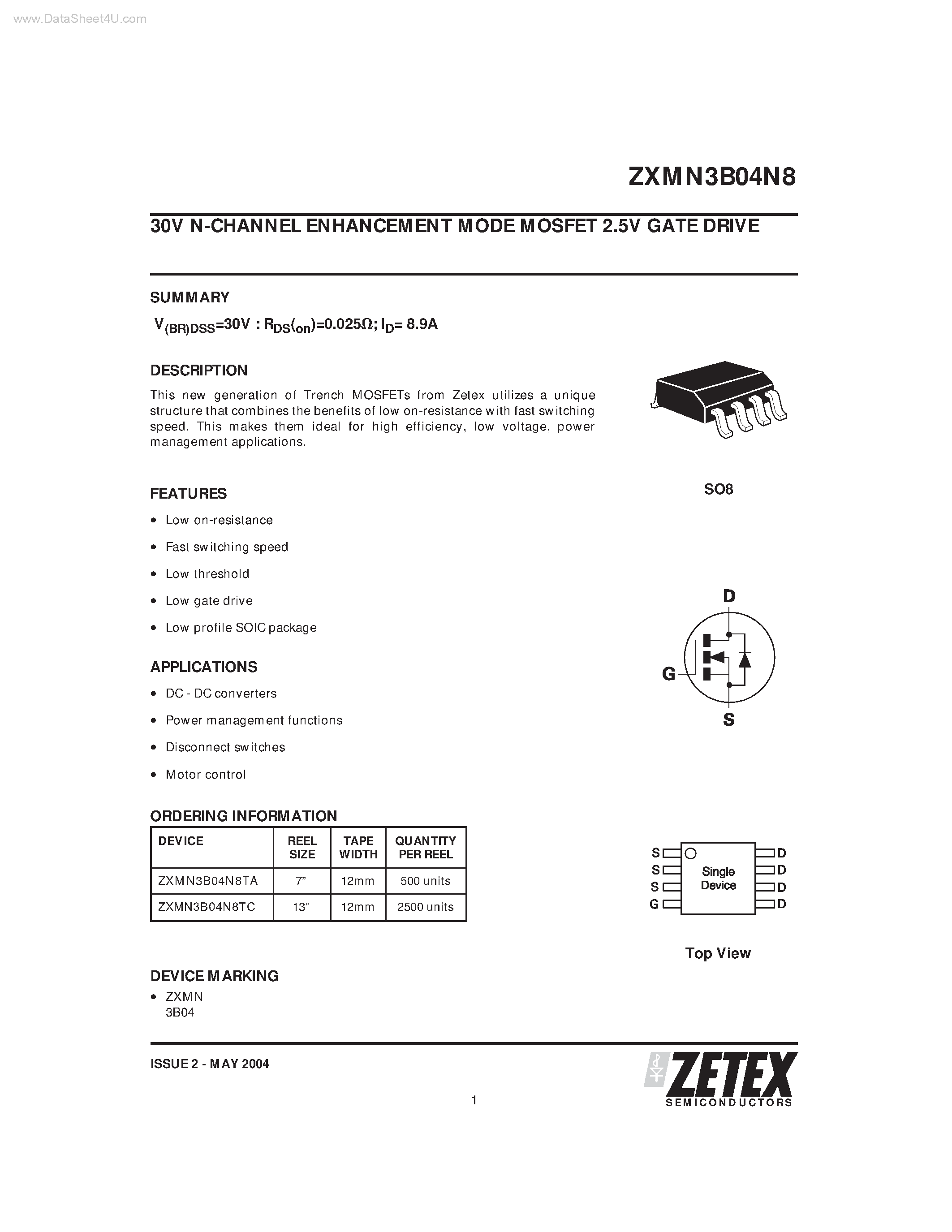 Datasheet ZXMN3B04N8 - N-CHANNEL ENHANCEMENT MODE MOSFET 2.5V GATE DRIVE page 1