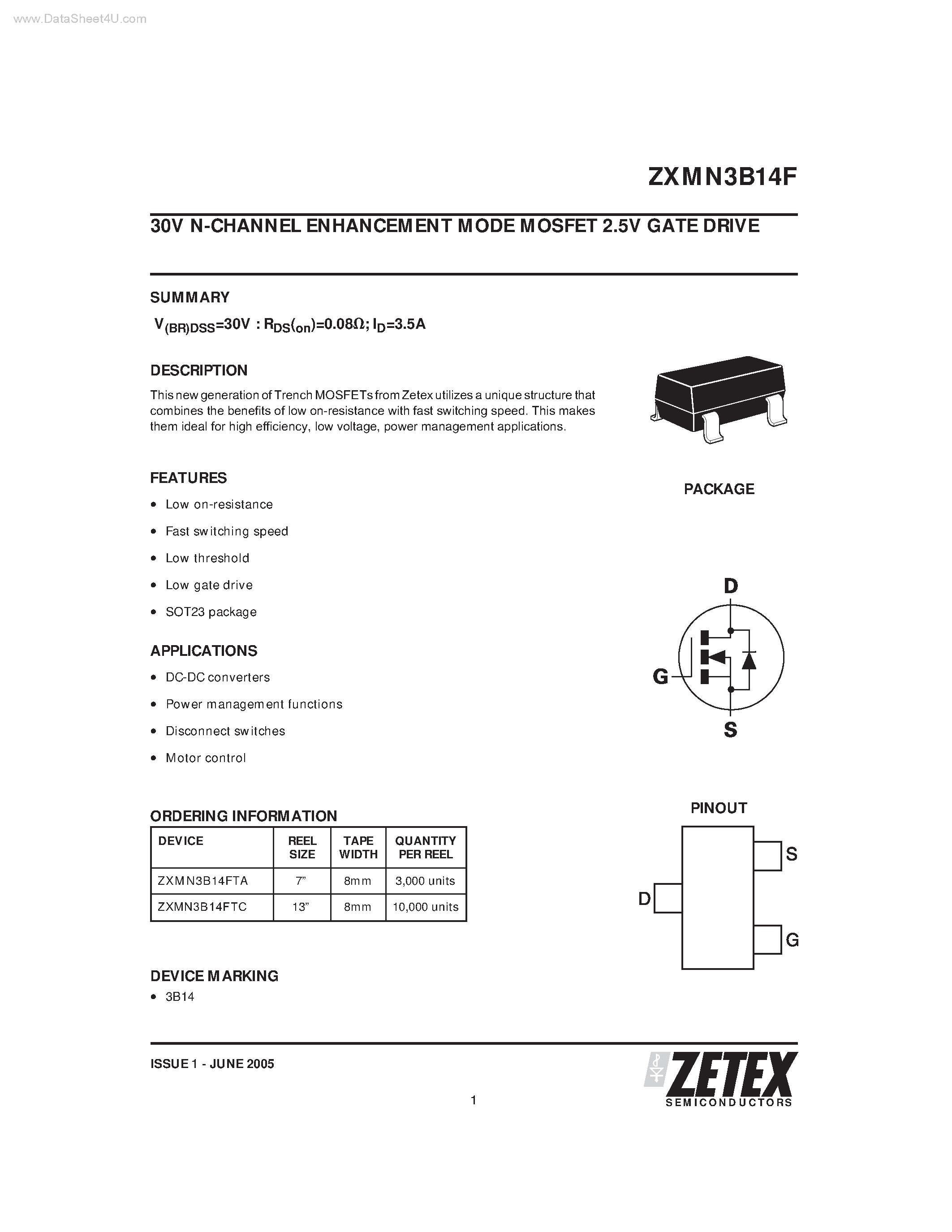 Даташит ZXMN3B14F - N-CHANNEL ENHANCEMENT MODE MOSFET 2.5V GATE DRIVE страница 1