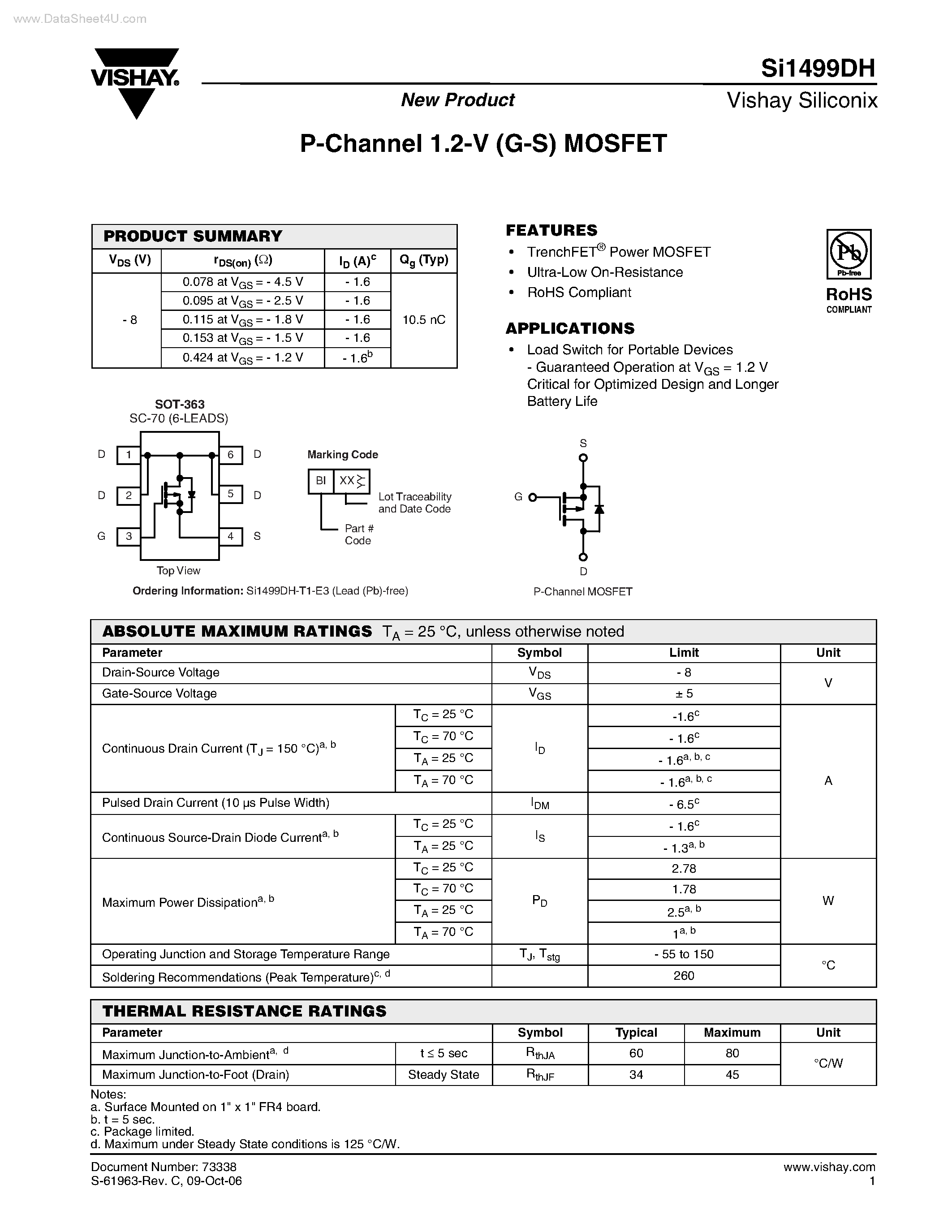 Datasheet SI1499DH - P-Channel MOSFET page 1
