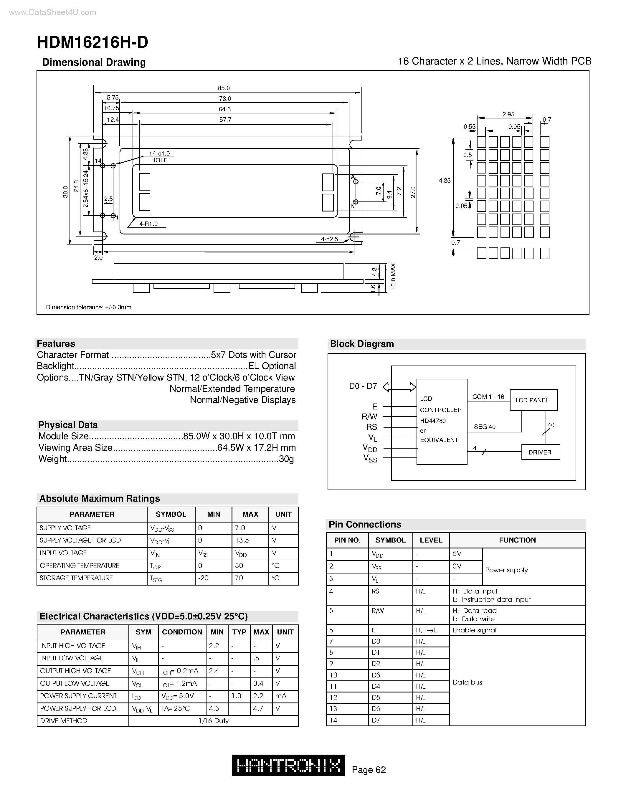 Datasheet HDM16216H-D - 16 Character x 2 Lines page 1