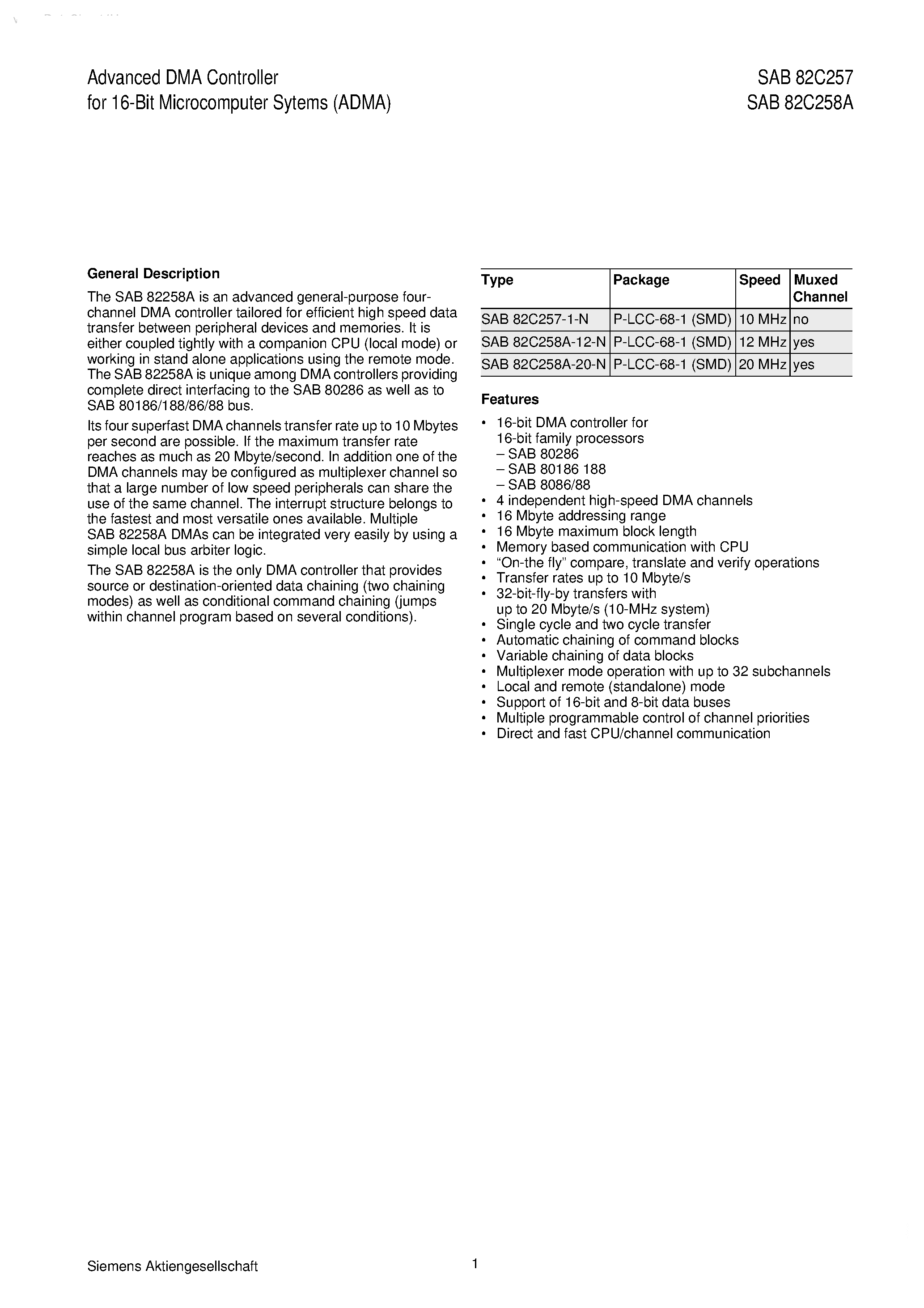Datasheet SAB82C257-1-N - (SAB82C25x-x-N) Advanced DMA Controller page 1