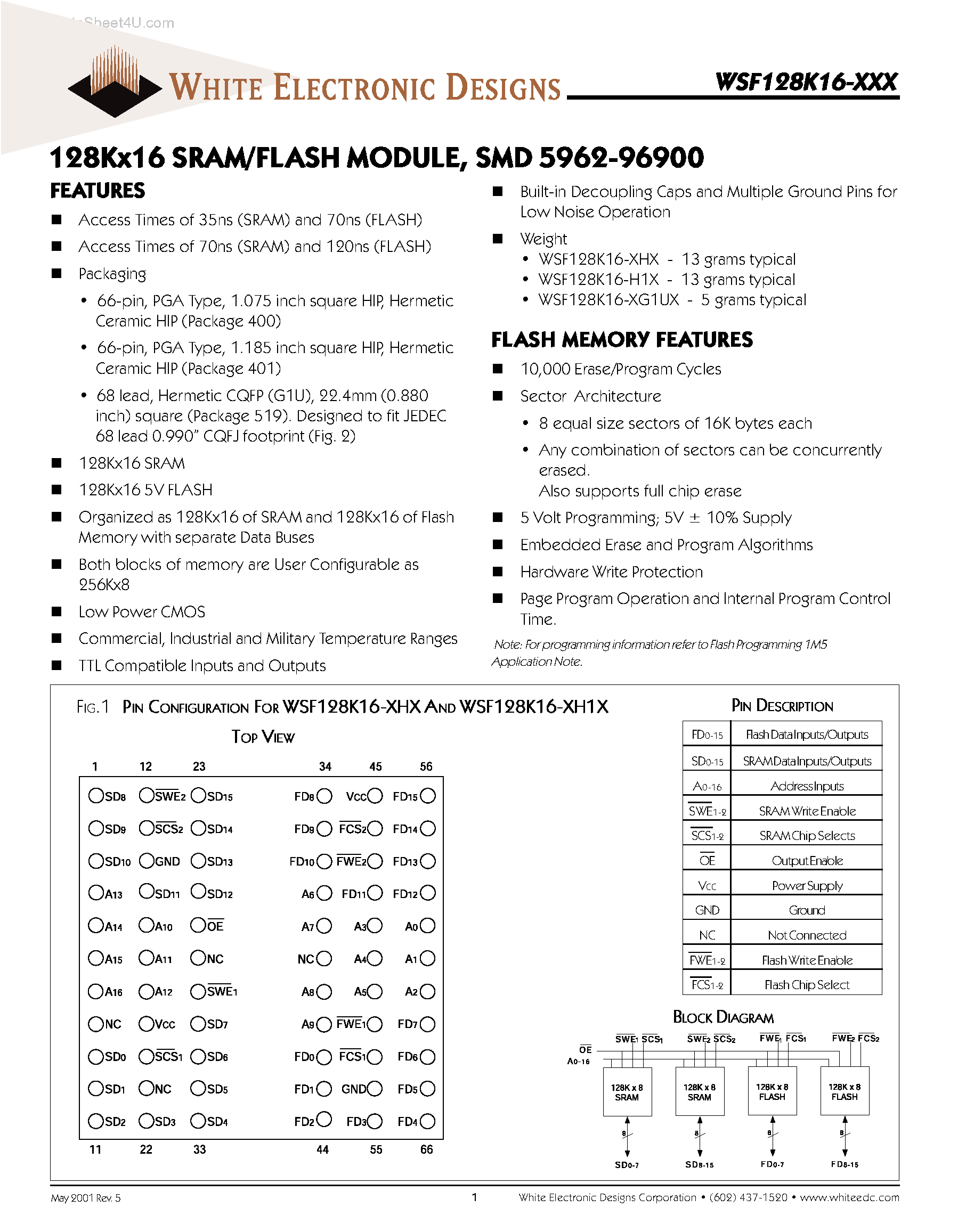 Datasheet WSF128K16-xxx - 128K X 16 SRAM /FLASH MODULE SMD 5962-96900 page 1