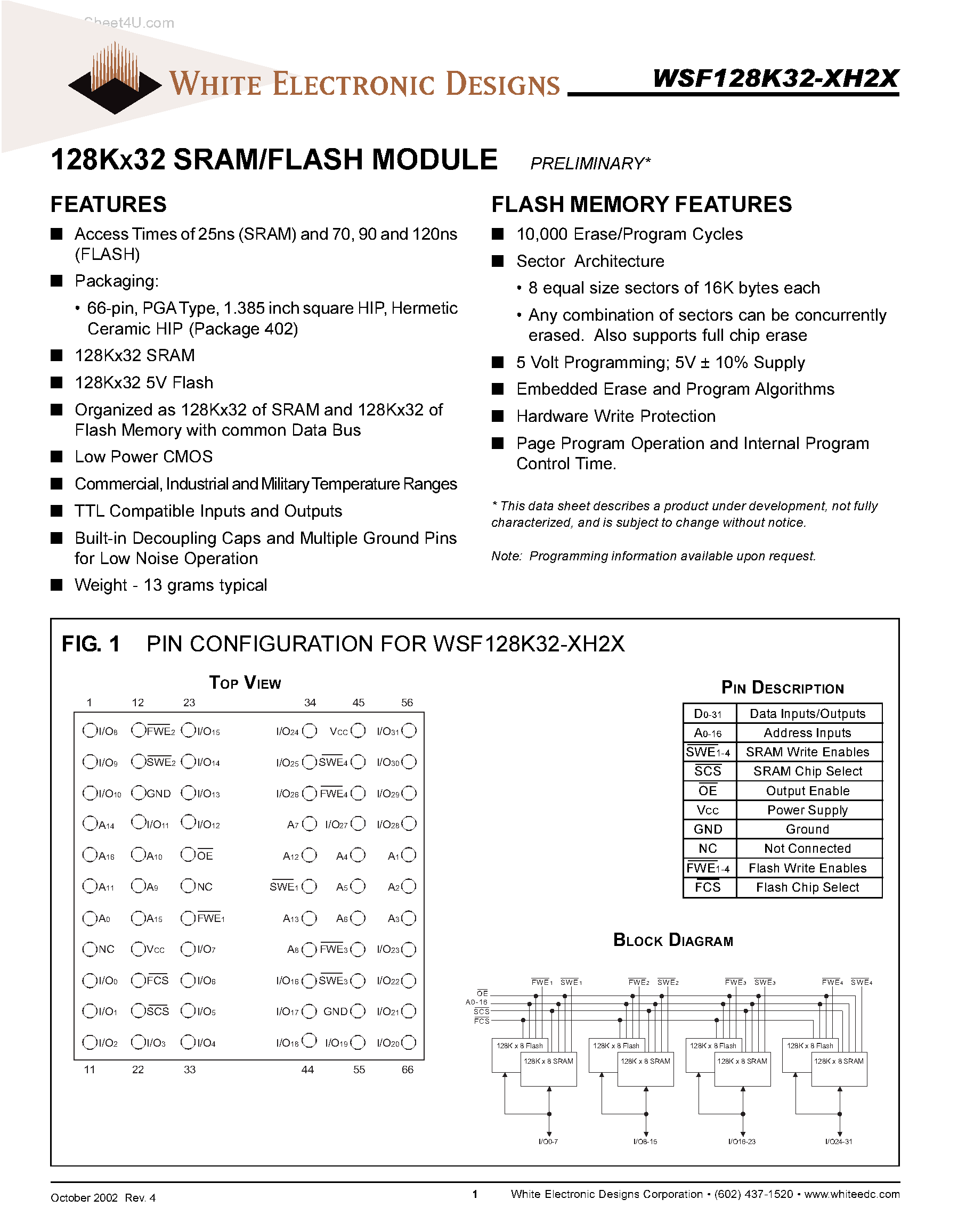 Datasheet WSF128K32-xH2x - 128K x 32 SRAM/FLASH MODULE page 1