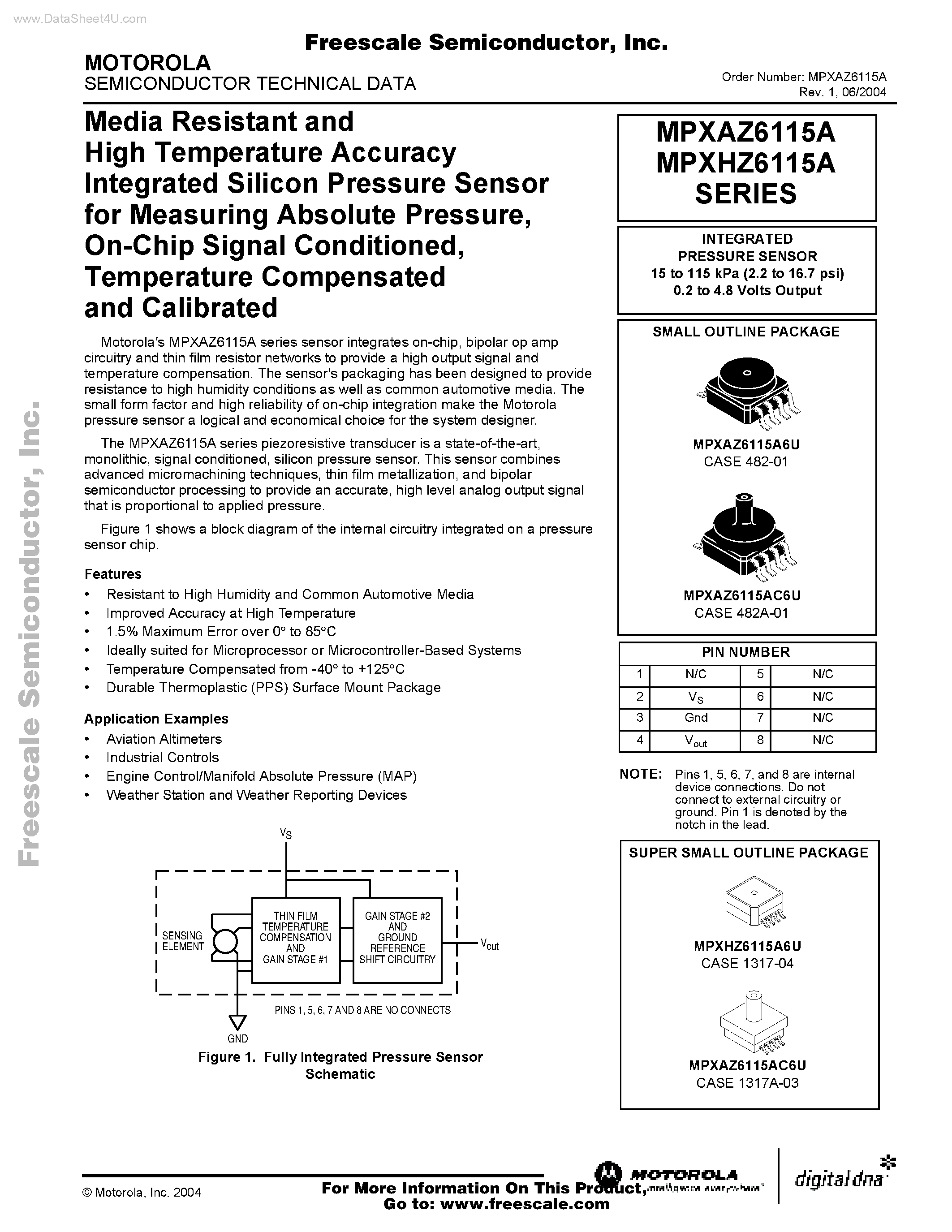 Datasheet MPXHA6115A - (MPXHZ6115A / MPXHA6115A) Media Resistant and High Temperature Accuracy Integrated Silicon Pressure Sensor page 1