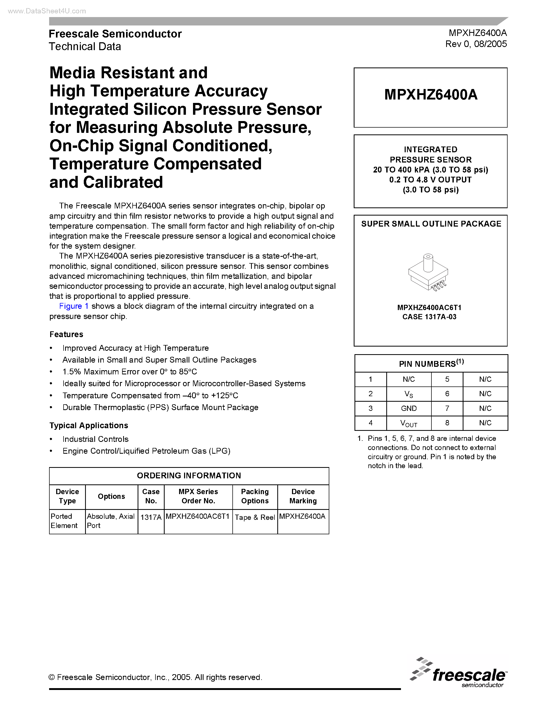 Datasheet MPXHZ6400A - Media Resistant and High Temperature Accuracy Intergrated Silicon Pressure Sensor page 1