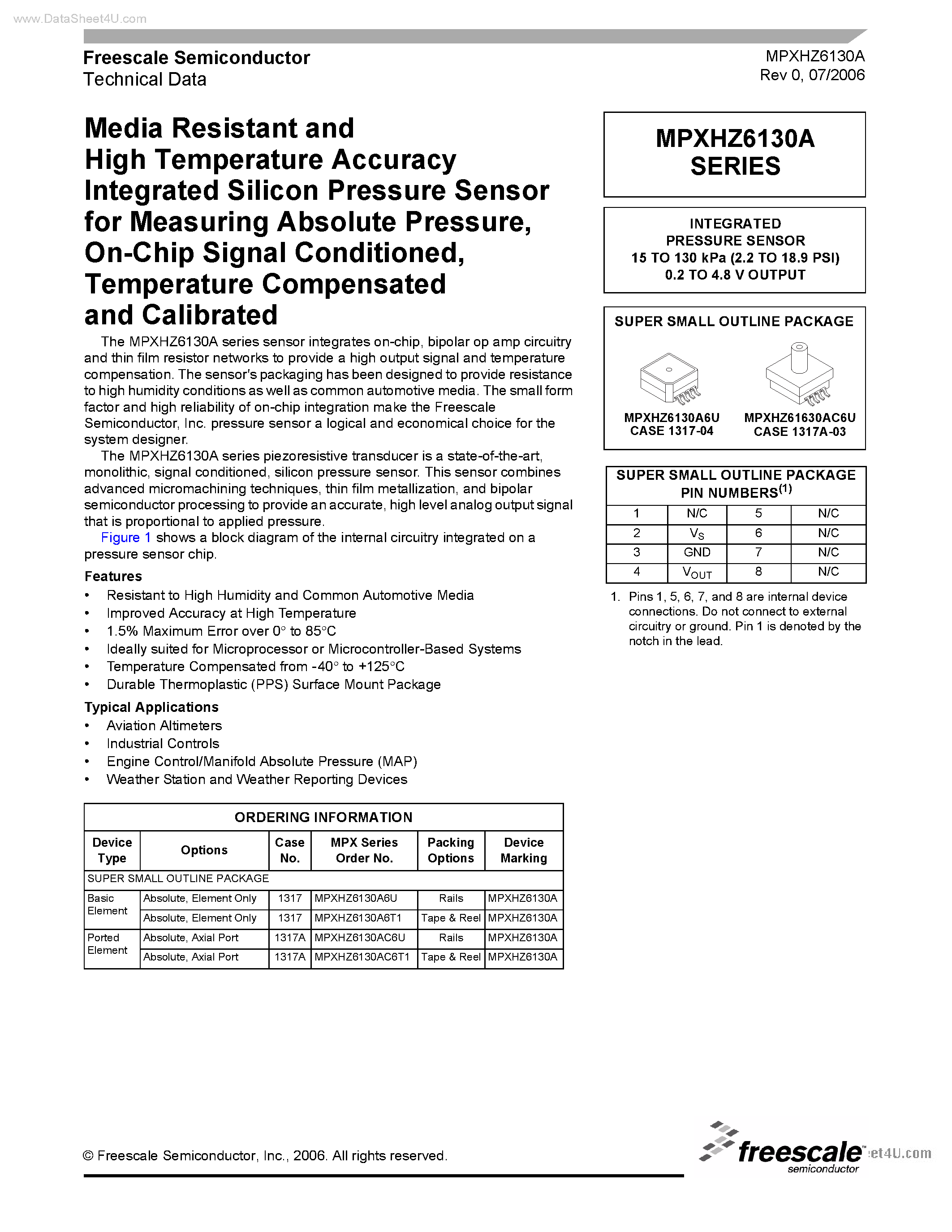 Datasheet MPXHZ6130A - Media Resistant and High Temperature Accuracy Intergrated Silicon Pressure Sensor page 1