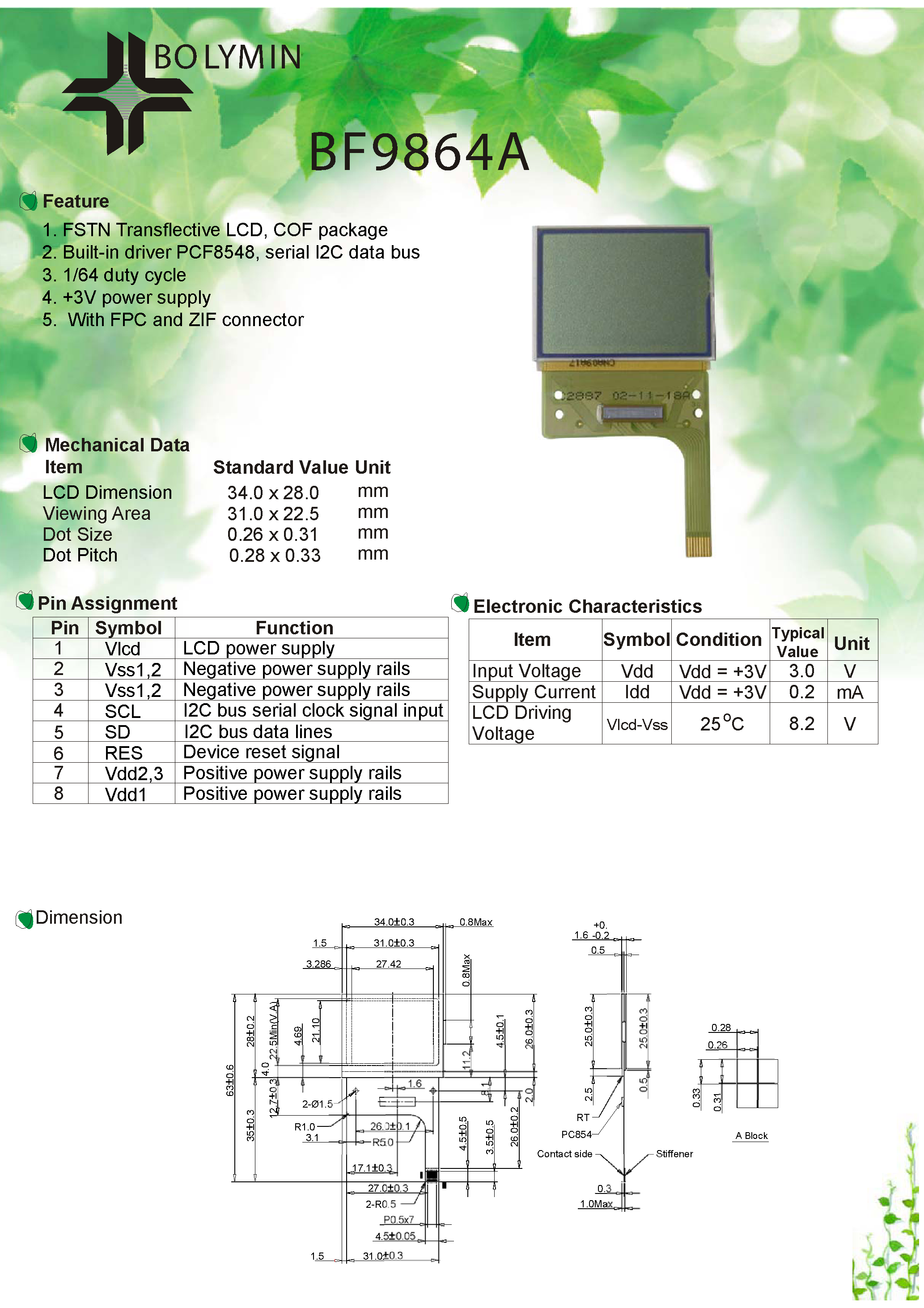 Datasheet BF9864A - FSTN Transflective LCD page 1