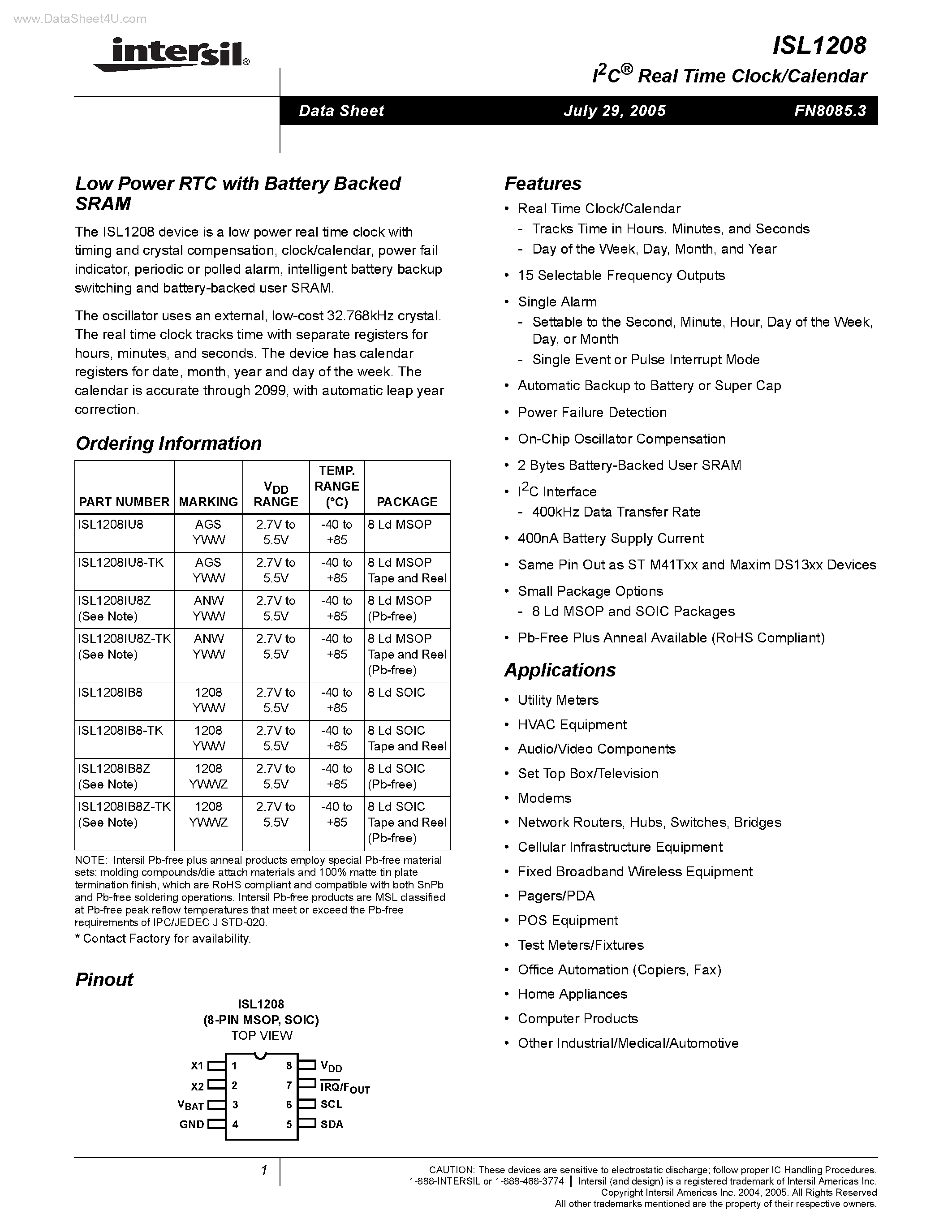 Datasheet ISL1208 - I2C Real Time Clock/Calendar page 1