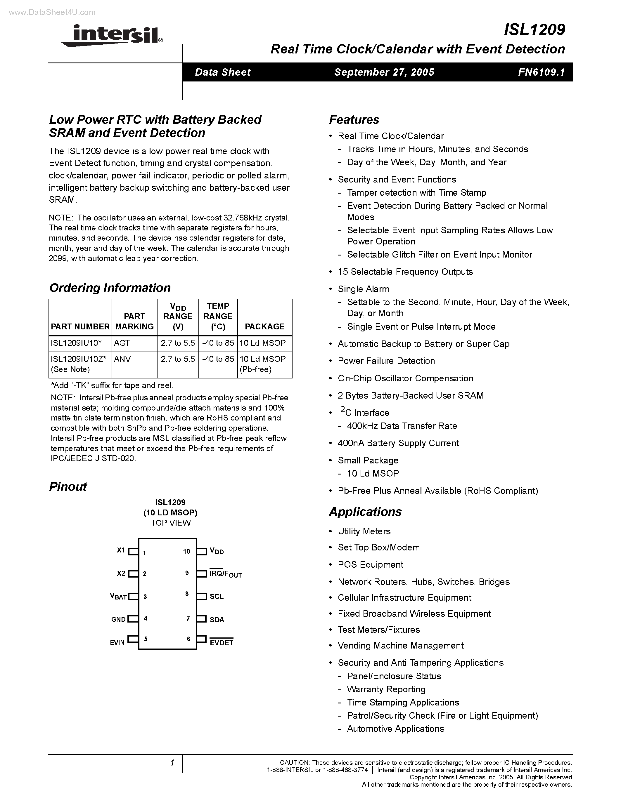 Datasheet ISL1209 - Low Power RTC page 1