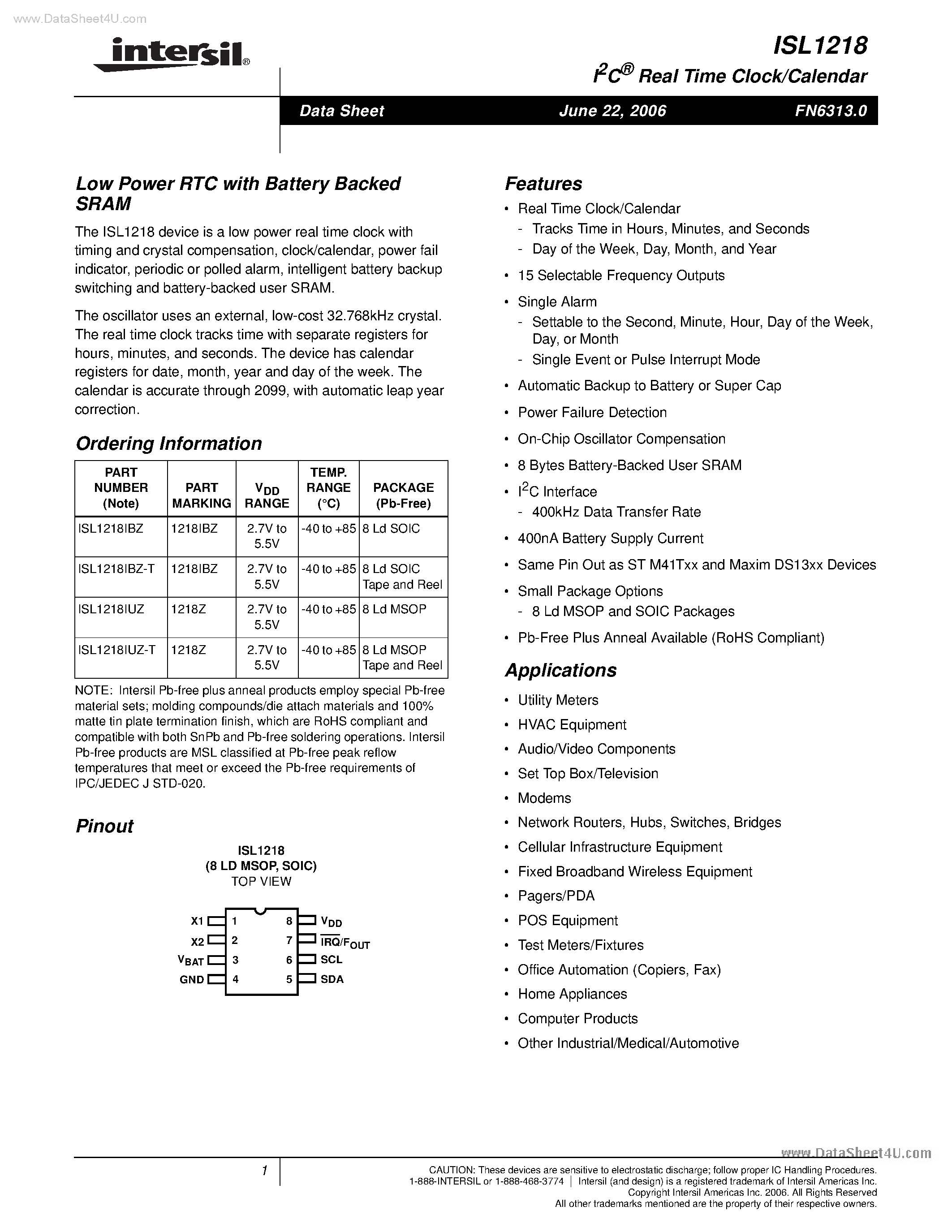Datasheet ISL1218 - I2C Real Time Clock/Calendar page 1