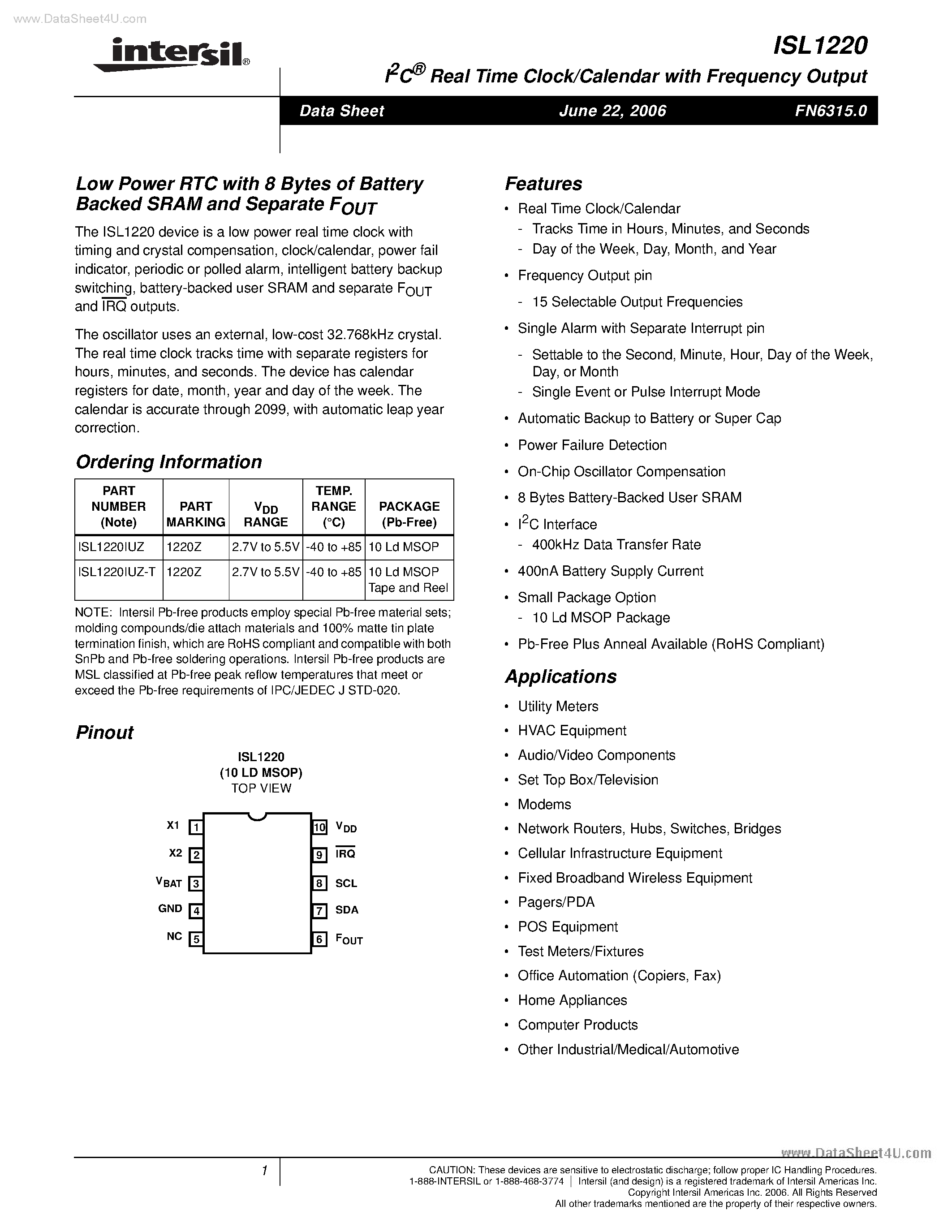 Datasheet ISL1220 - I2C Real Time Clock/Calendar page 1