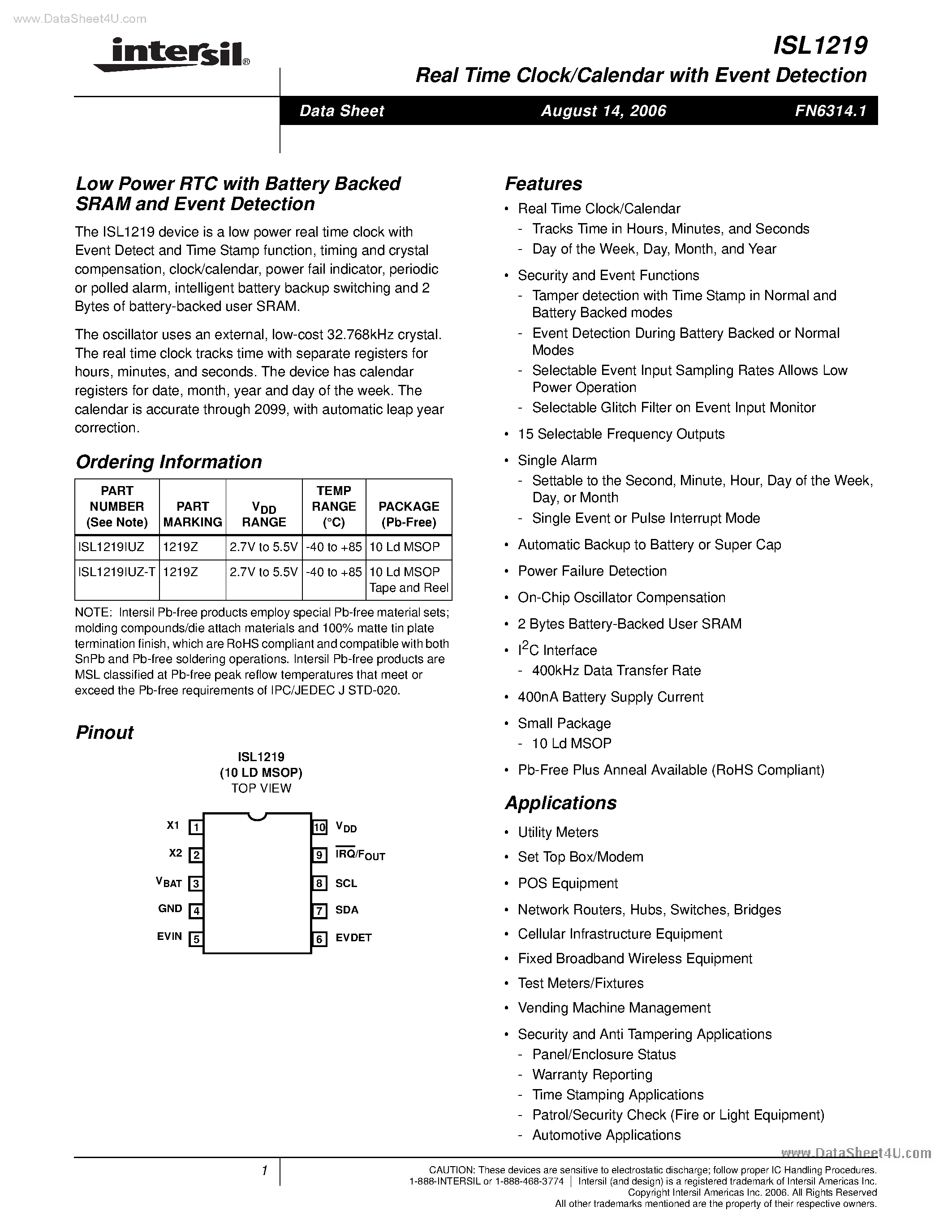 Datasheet ISL1219 - Real Time Clock/Calendar page 1
