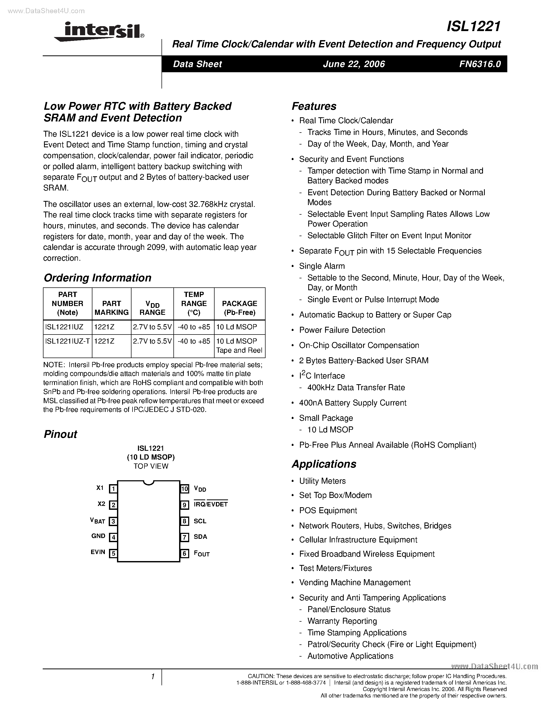 Datasheet ISL1221 - Real Time Clock/Calendar page 1