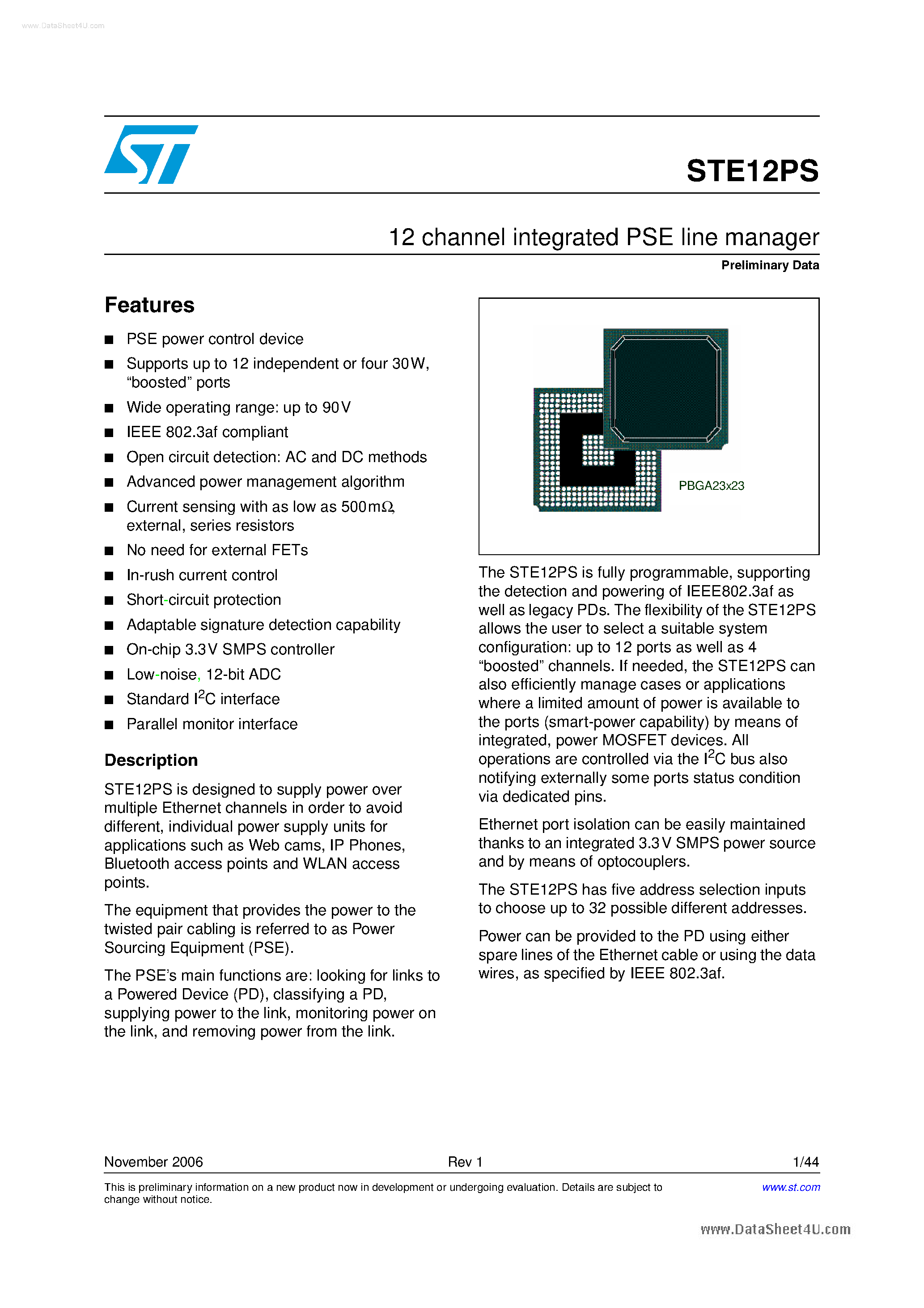 Даташит STE12PS - 12-Channel Integrated PSE Line Manager страница 1