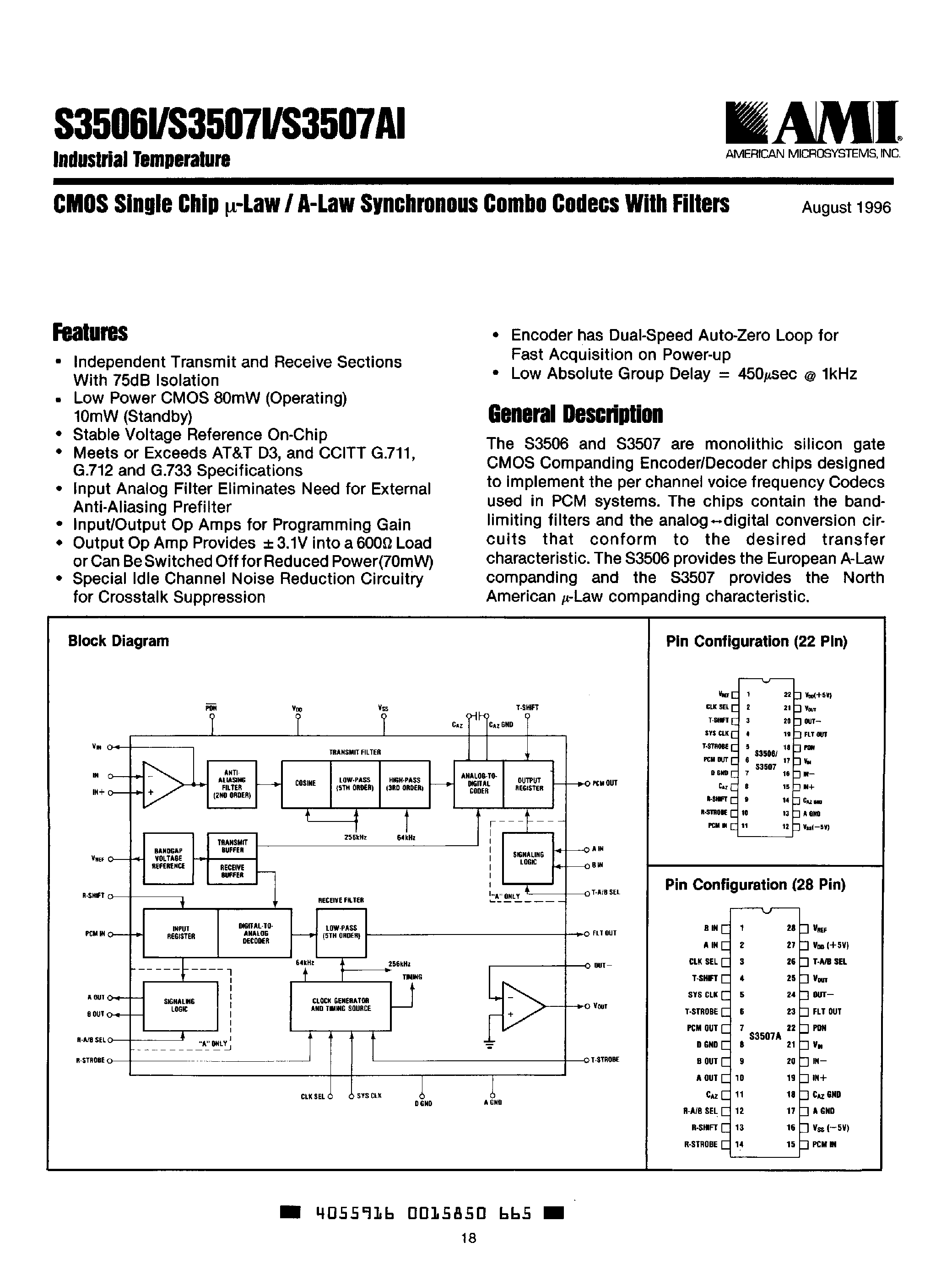 Datasheet S3506I - (S350xI) CMOS Single Chip u-Law / A-Law Synchronous Combo Codecs page 1