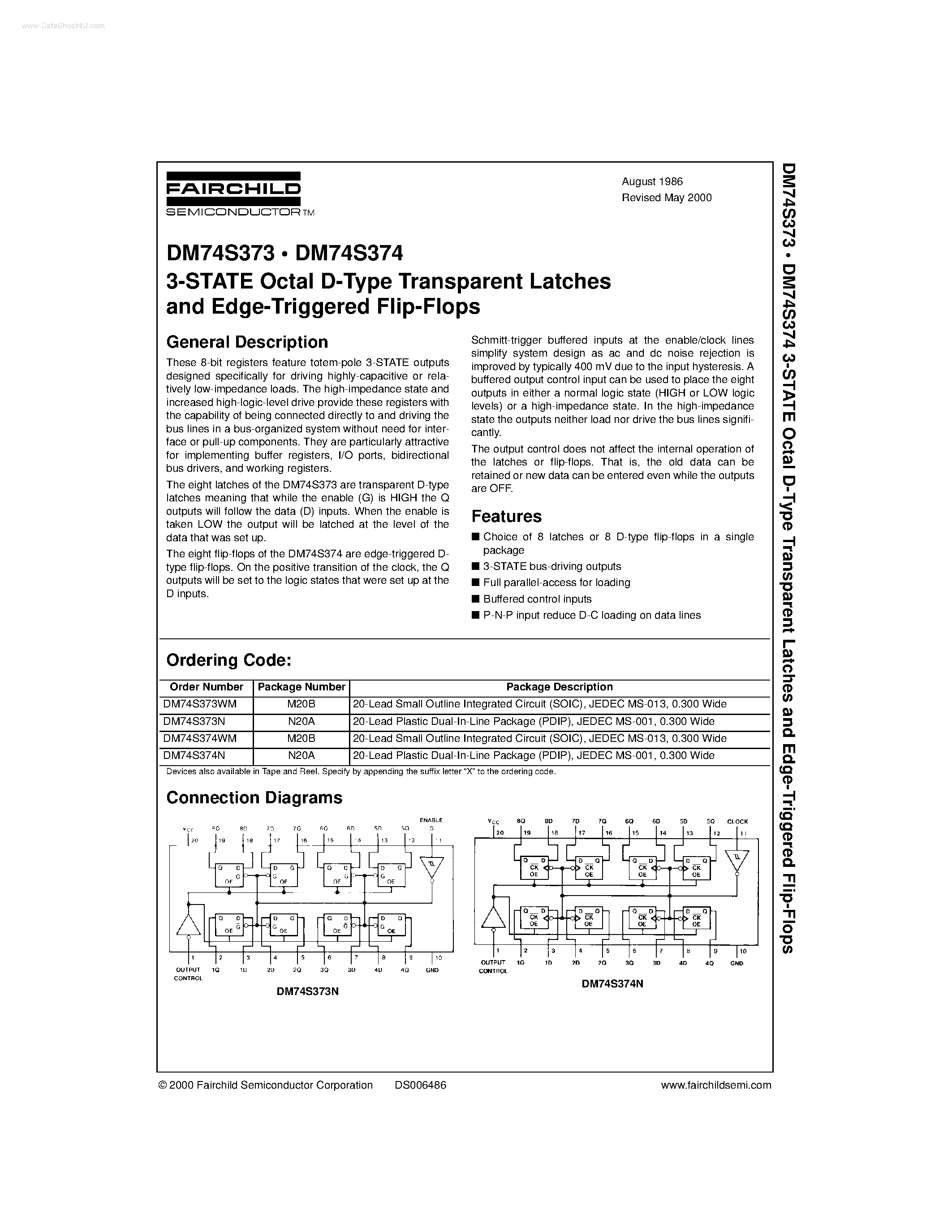 Datasheet DM74S373 - (DM74S373 / DM74S374) 3-STATE Octal D-Type Transparent Latches page 1