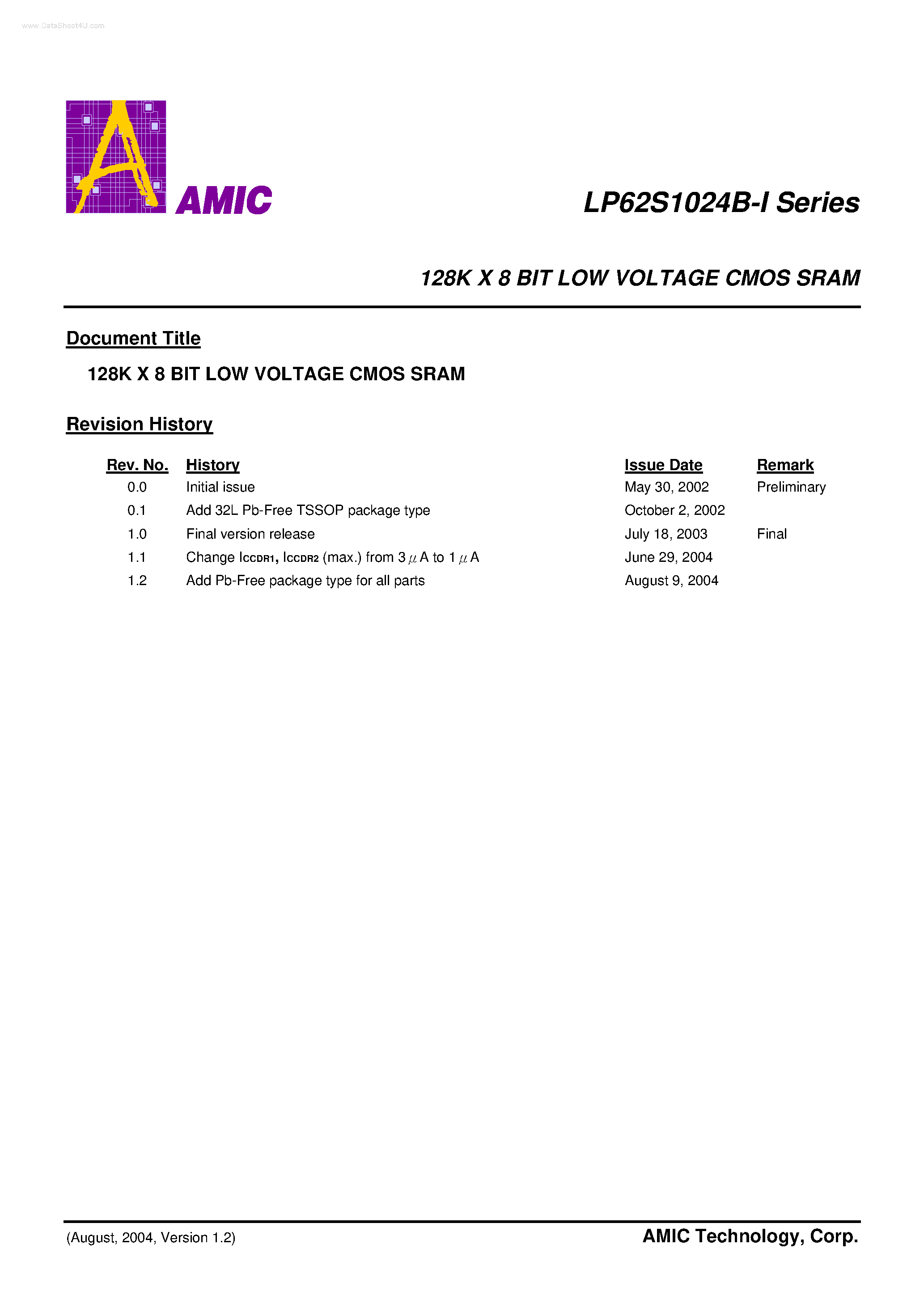 Datasheet LP62S1024B-I - 128K X 8 BIT LOW VOLTAGE CMOS SRAM page 1